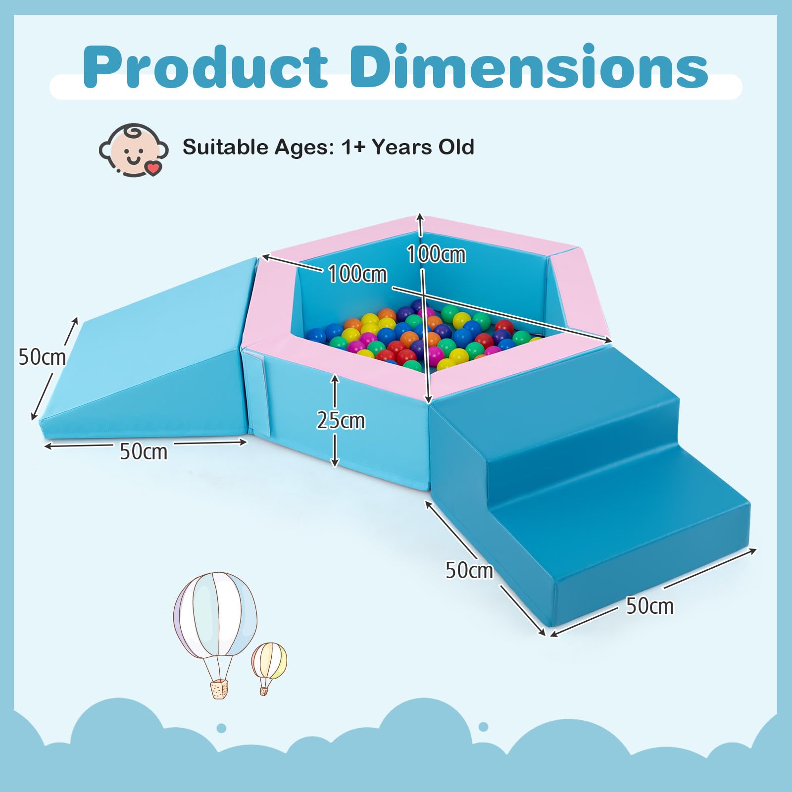 3-Piece Baby Foam Climbing Blocks with Ball Pit and 100 Colorful Ocean Balls