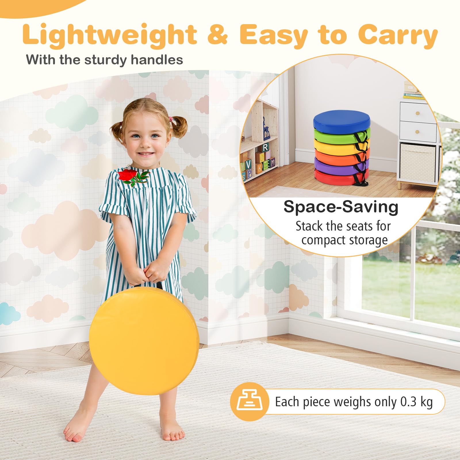6 PCS Round Floor Cushions for Kids 35cm Classroom Floor Cushions with Handles