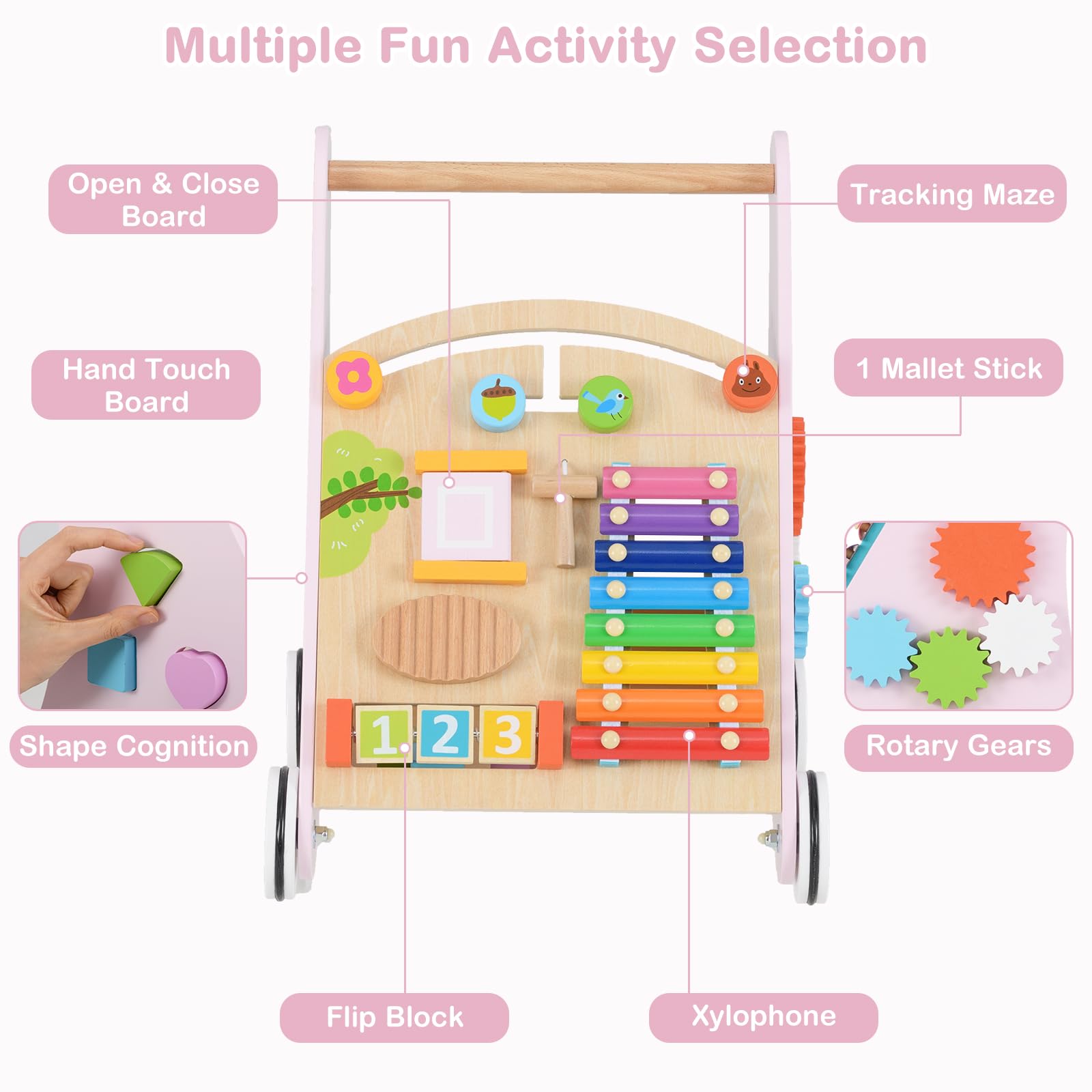 INFANS Wooden Baby Walker, Montessori Walker with Multiple Activity Toys