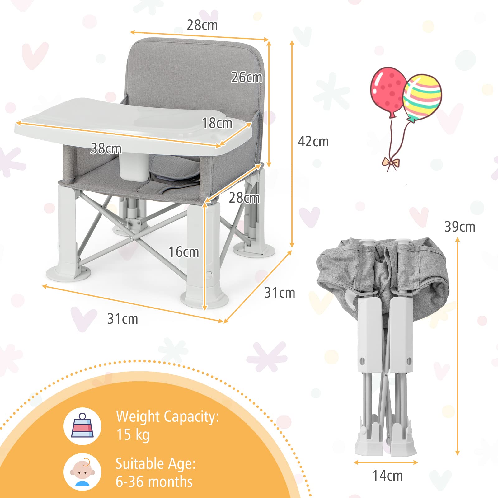 Baby Travel Booster Seat Portable Folding Toddler Floor Dining Chair w/Removable Swivel Double Tray