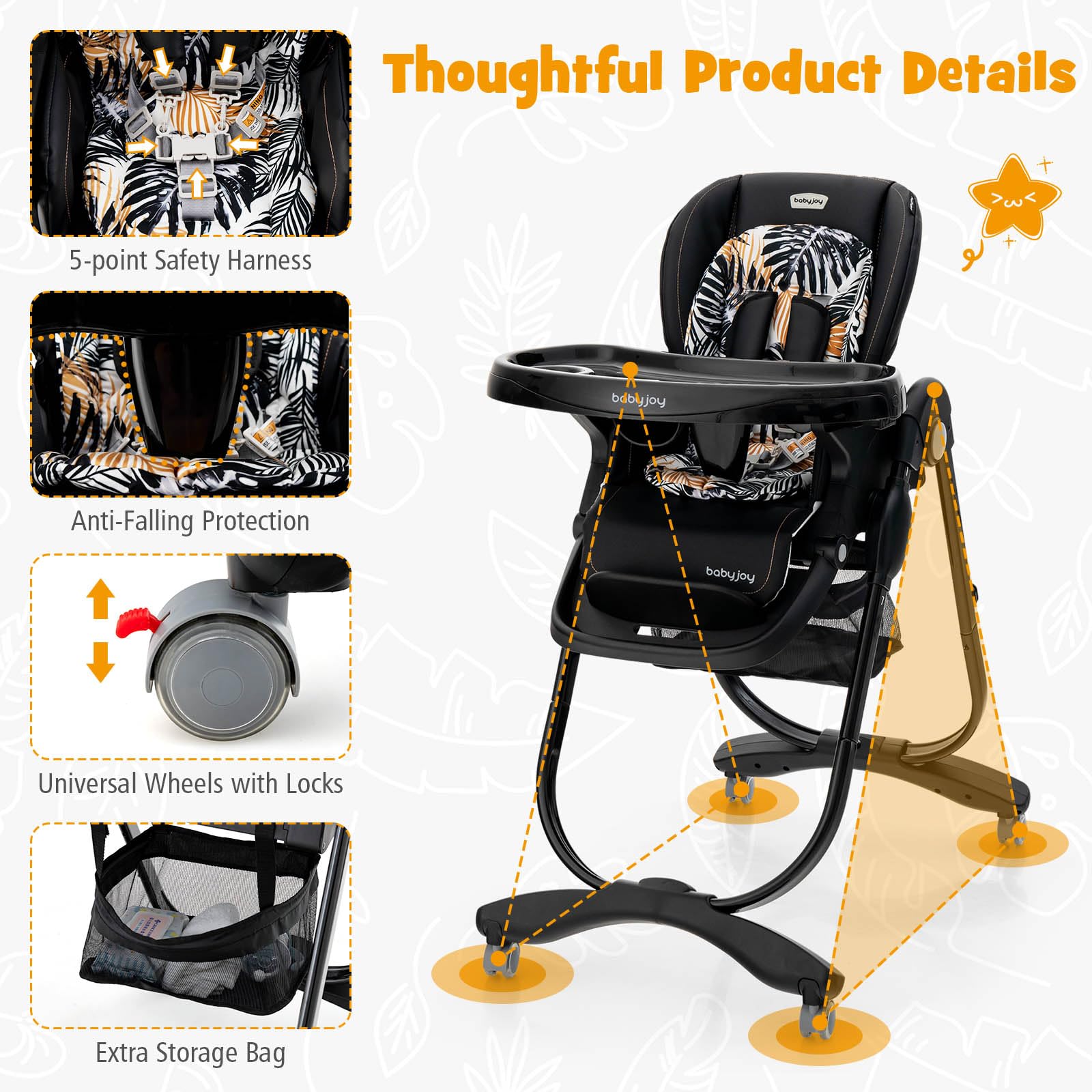 High Chair for Babies & Toddlers Folding Baby Highchair w/Rolling Wheels Adjustable Height