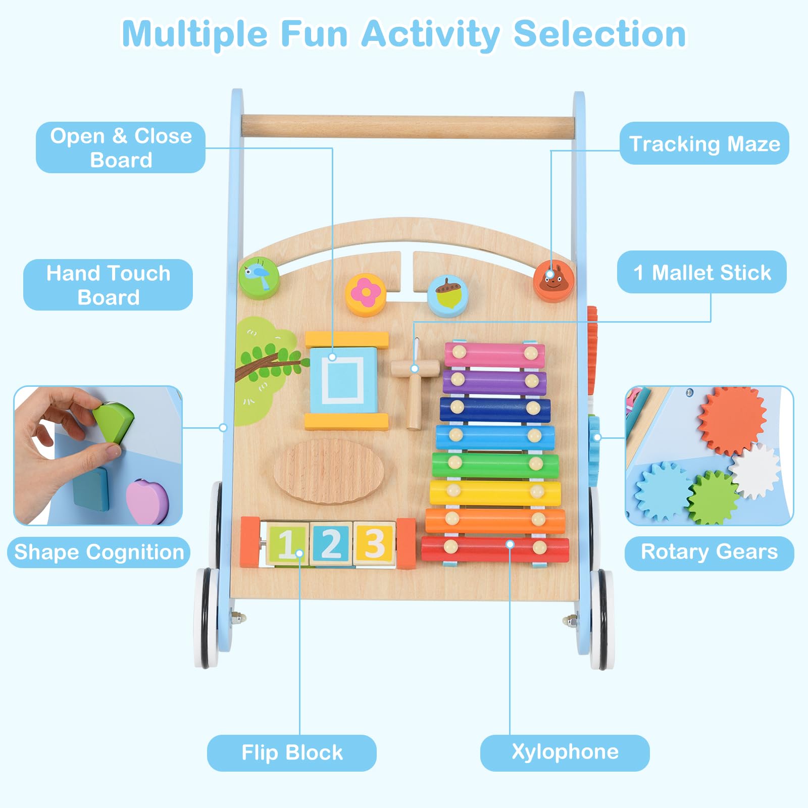 INFANS Wooden Baby Walker, Montessori Walker with Multiple Activity Toys