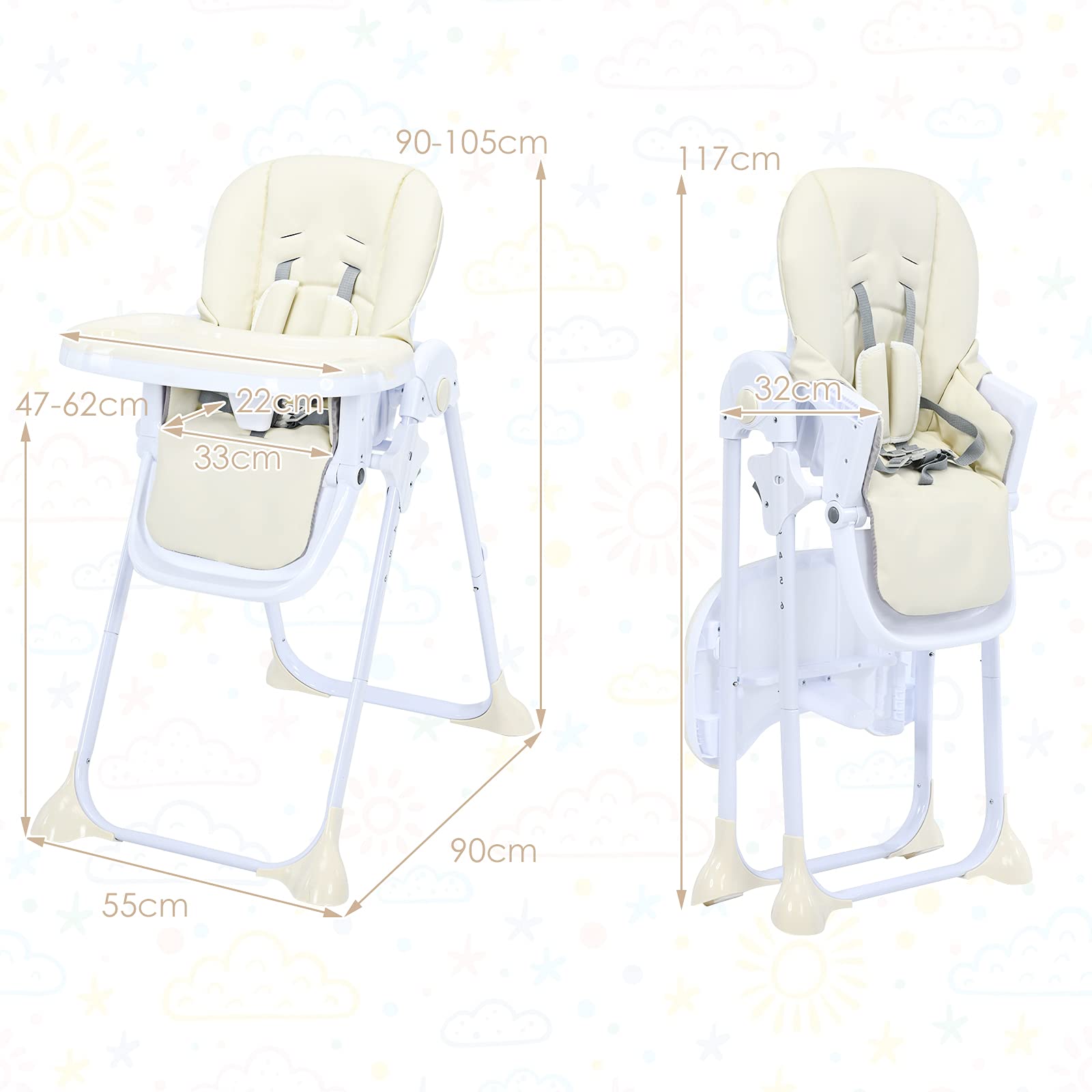 Baby High Chair Folding Highchair for Toddlers w/Adjustable Height
