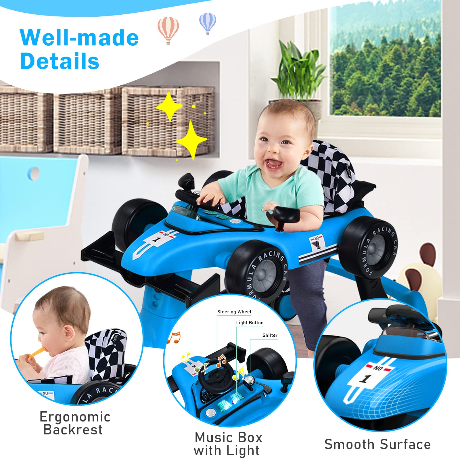 4-in-1 Foldable Activity Car Walker with Adjustable Height and Speed