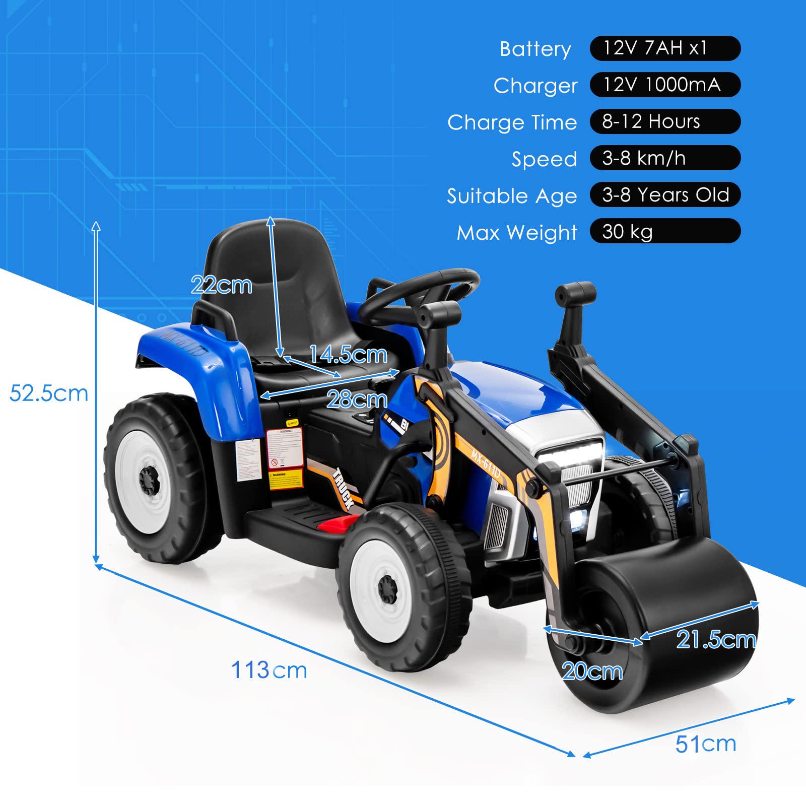 Ride on Car, 12V Road Roller with Remote Control, Battery Powered Electric Tractor w/Adjustable Drum Roller