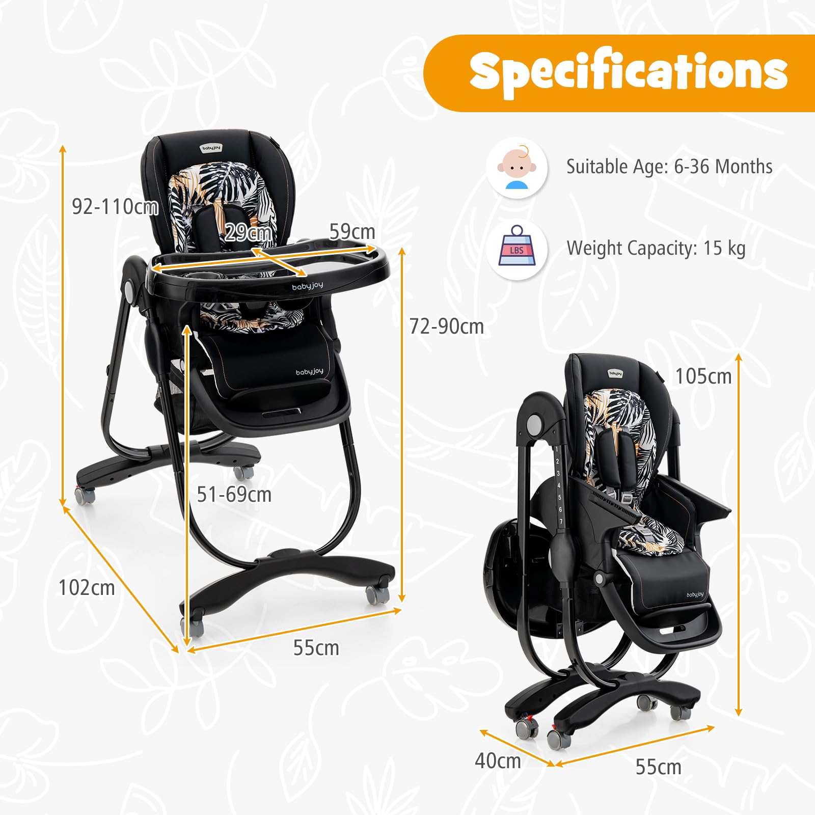 High Chair for Babies & Toddlers Folding Baby Highchair w/Rolling Wheels Adjustable Height