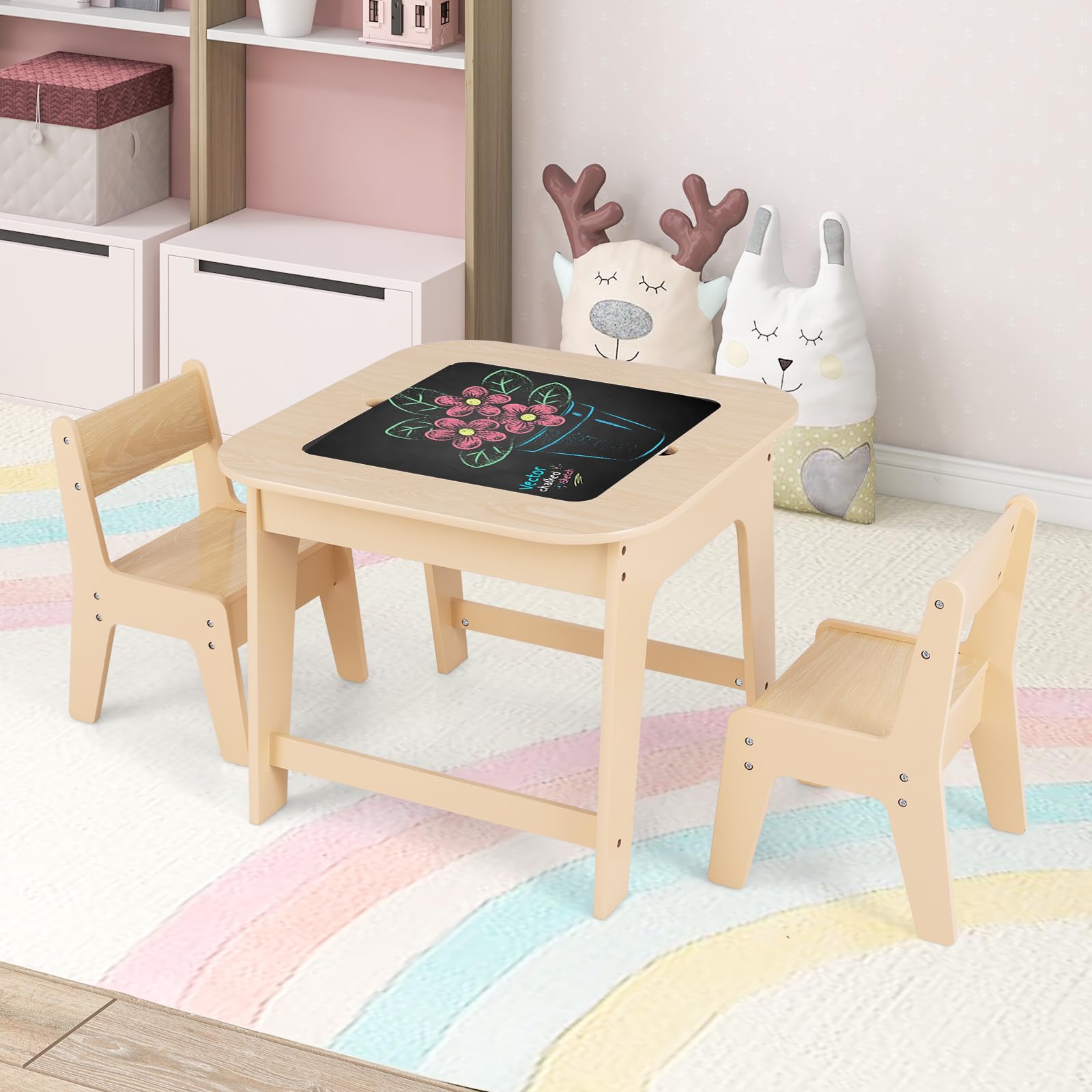 INFANS Kids Table and Chair Set, 3 in 1 Wooden Activity Table with Removable Blackboard and Whiteboard