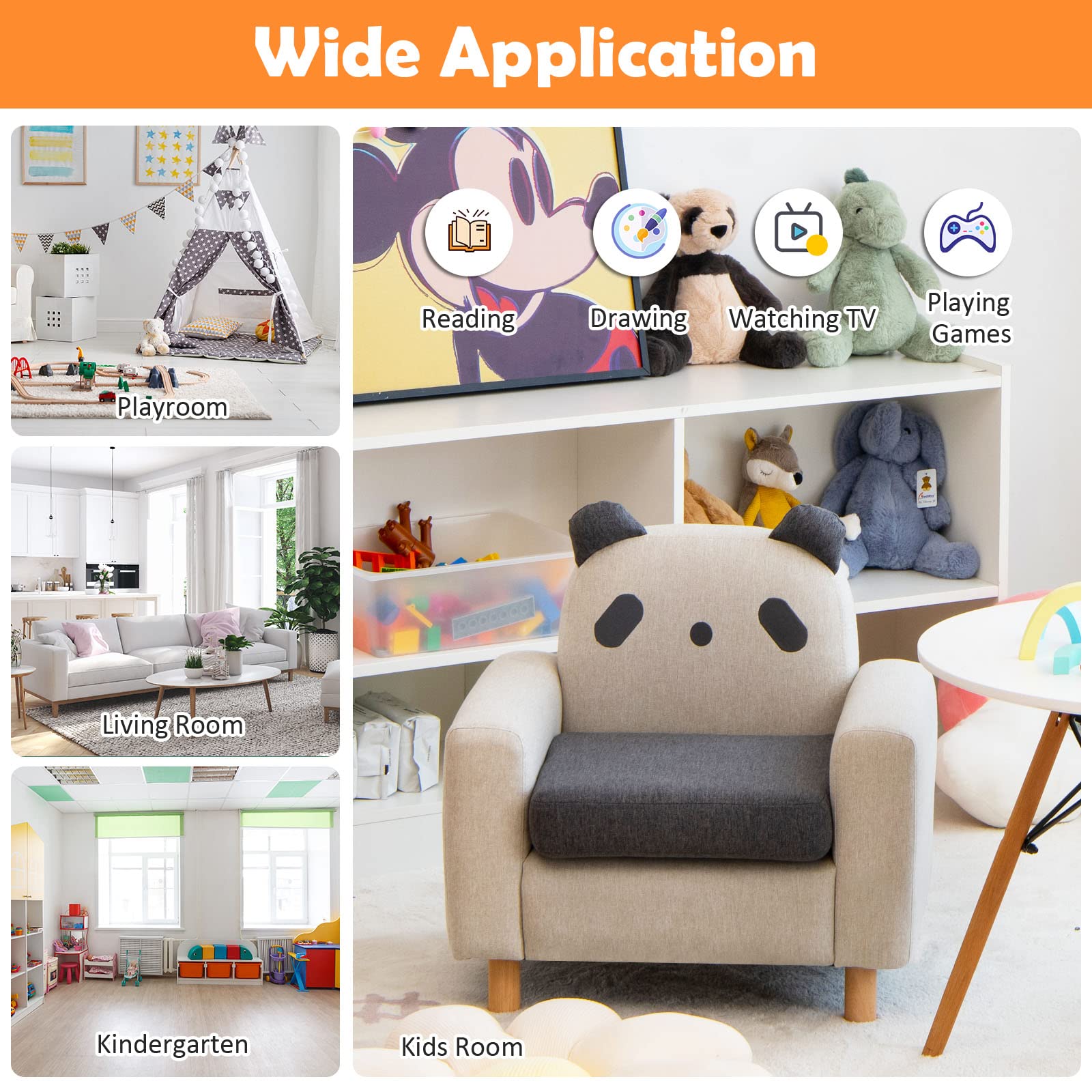 Kids Sofa Wooden Armrest Chair Couch with Thick Cushion Beech Legs