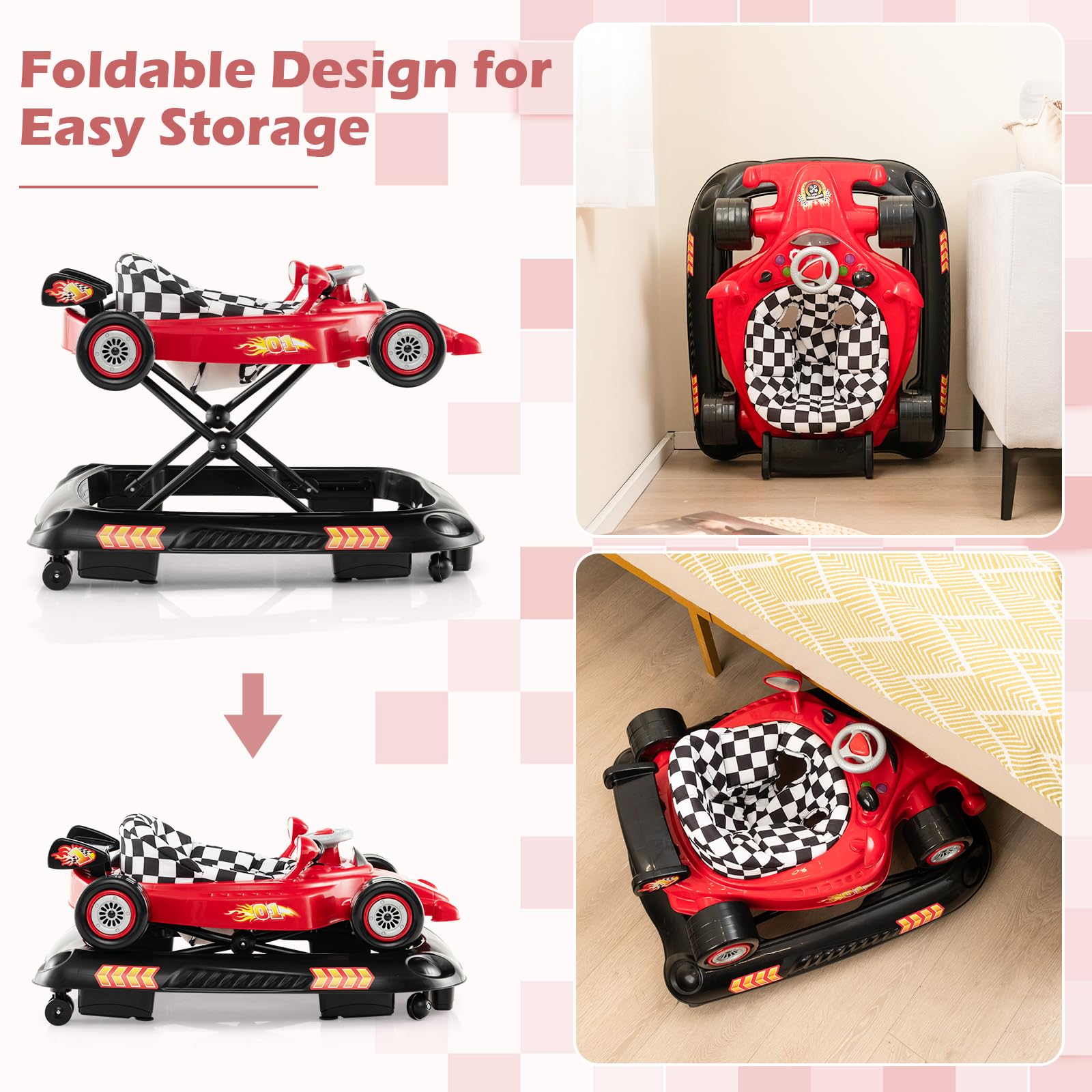 Foldable Baby Walker with 3 Adjustable Height Settings for 7-14 Months Boys Girls