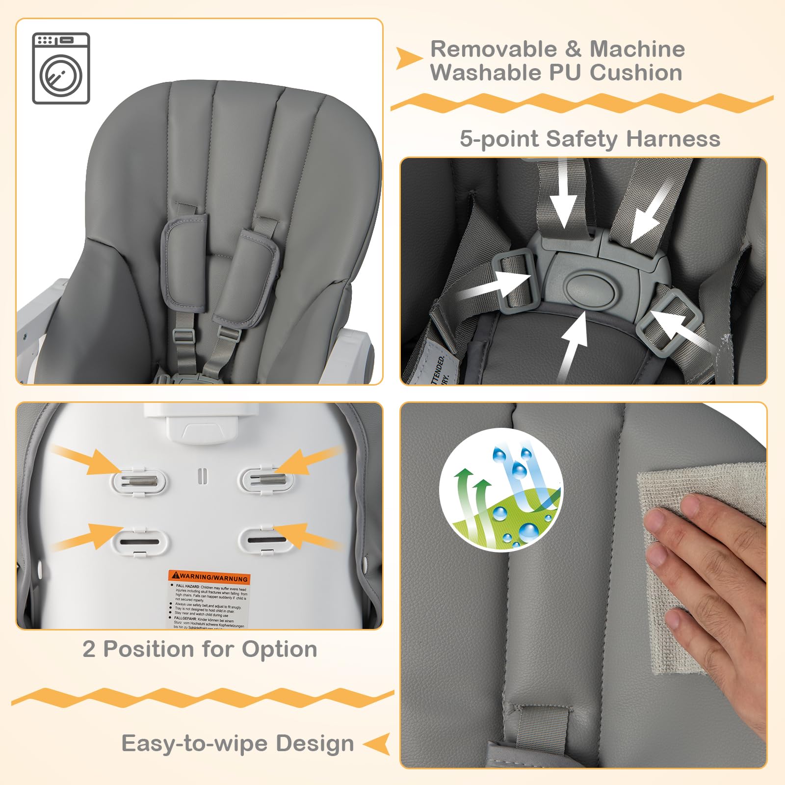 Baby High Chair Foldable Highchair w/ 7 Heights 5 Recline Positions Adjustable Footrest