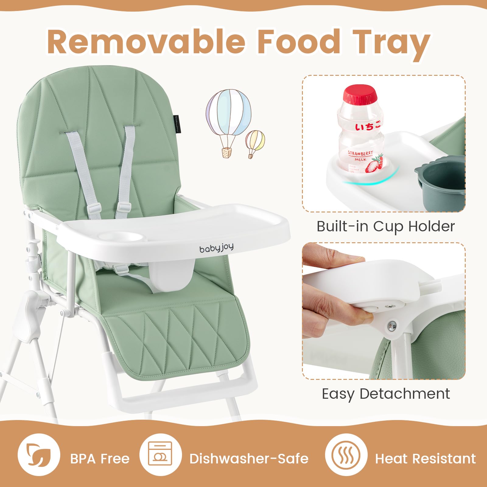 oldable High Chair Easy Clean Compact Highchair with Removable Adjustable Tray and PU Seat Cushion