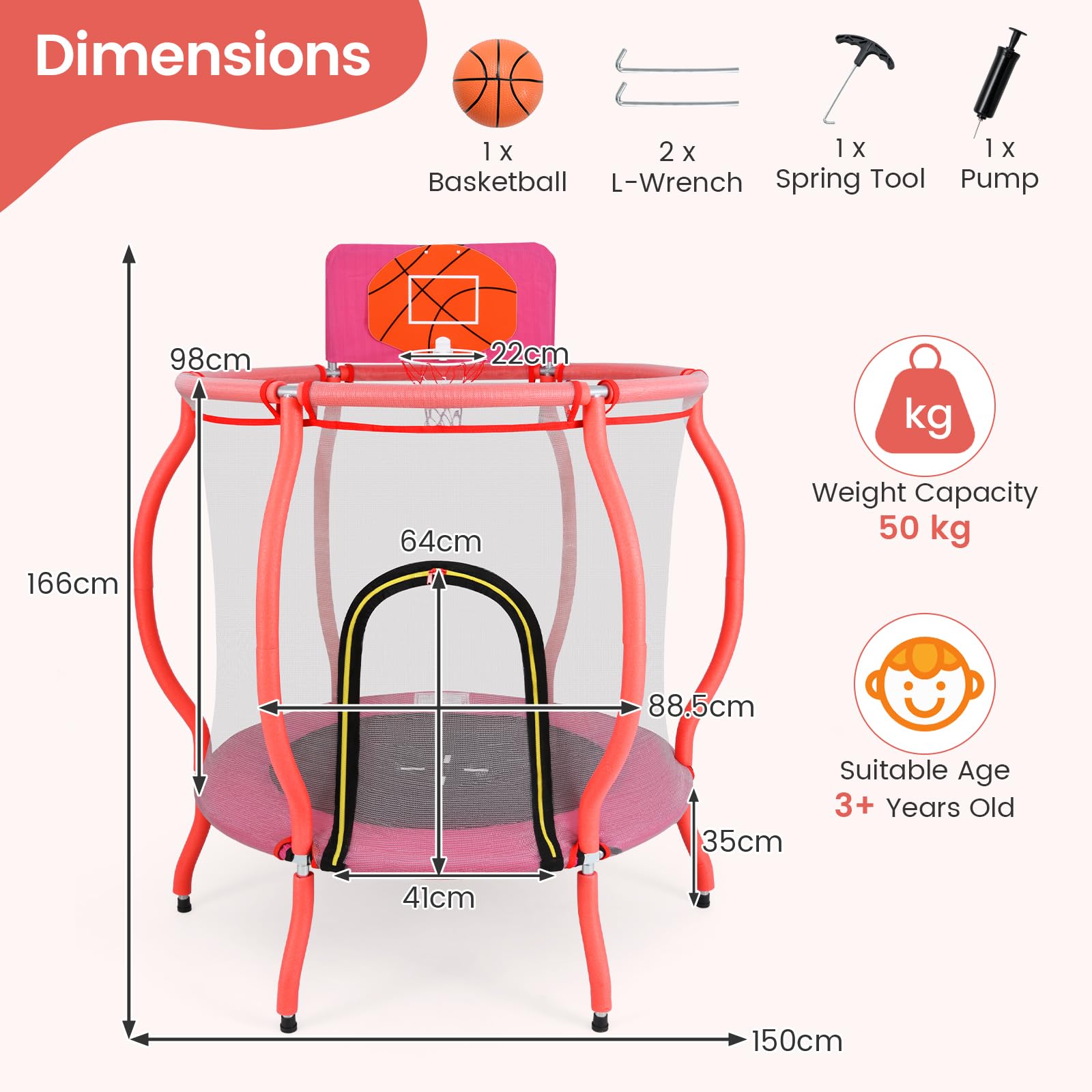 OLAKIDS 48" Trampoline for Kids, Indoor Outdoor Toddler Trampoline with Safety Enclosure Net