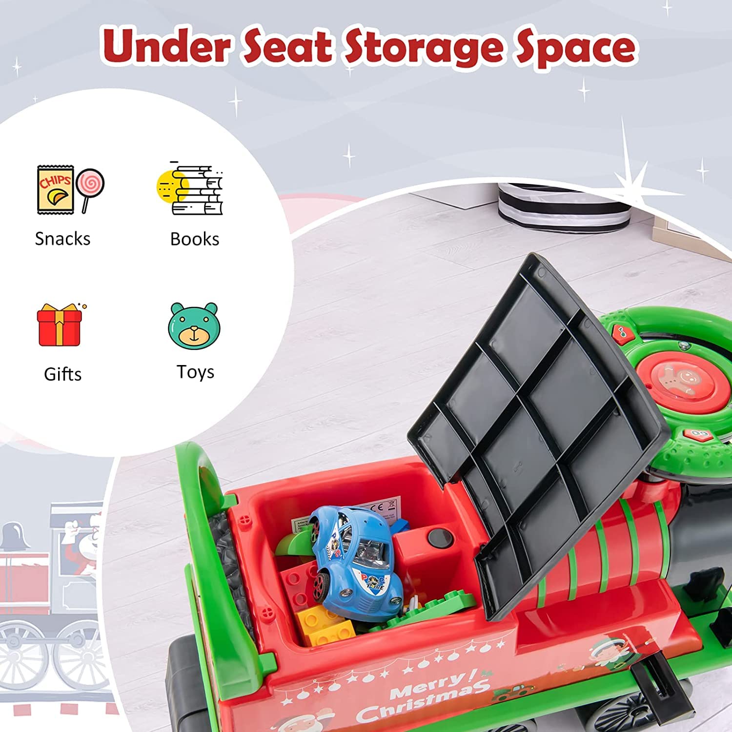 Ride on Train Track, 6V Electric Ride on Train with Tracks, Storage Seat, Flashing Lights & Music
