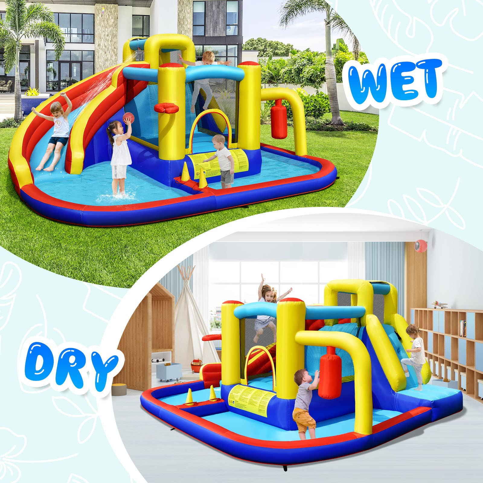 Inflatable Water Slide, 7-in-1 Outdoor Kids Water Bounce House Jumping Castle w/Combo Water Slide, Splash Pool