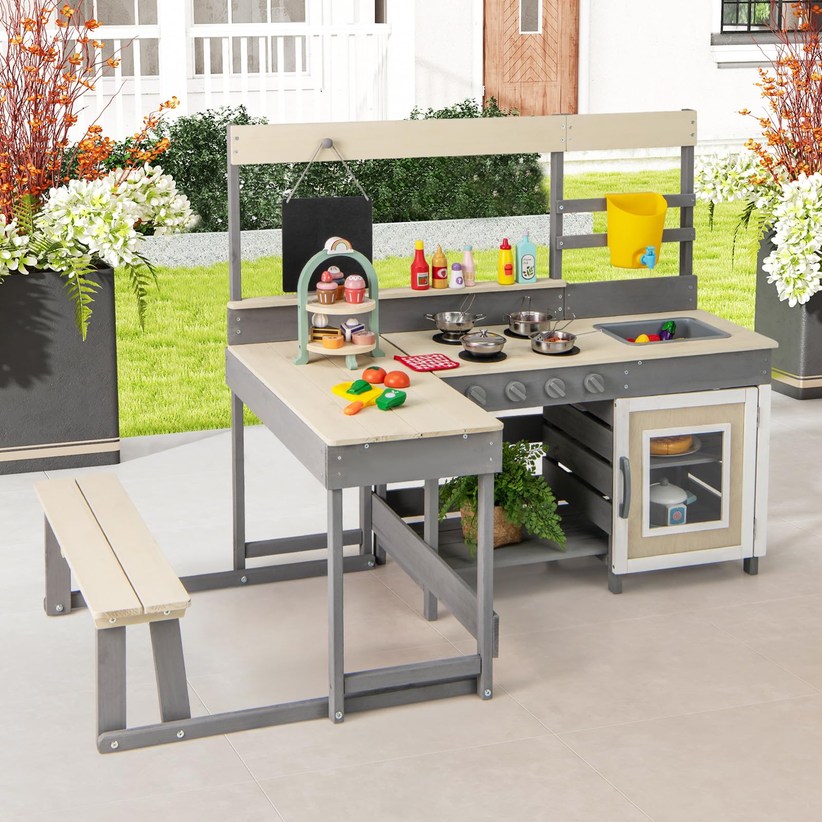 Outdoor Play Kitchen with Faucet Chalkboard Stoves Removable Sink Cooking Accessories