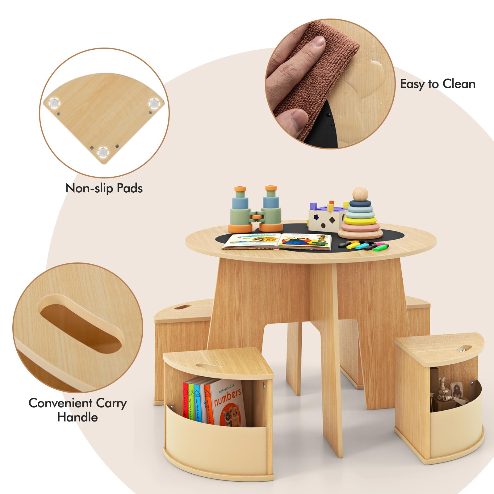 INFANS Toddler Table and Chair Set with 4 Storage Stools