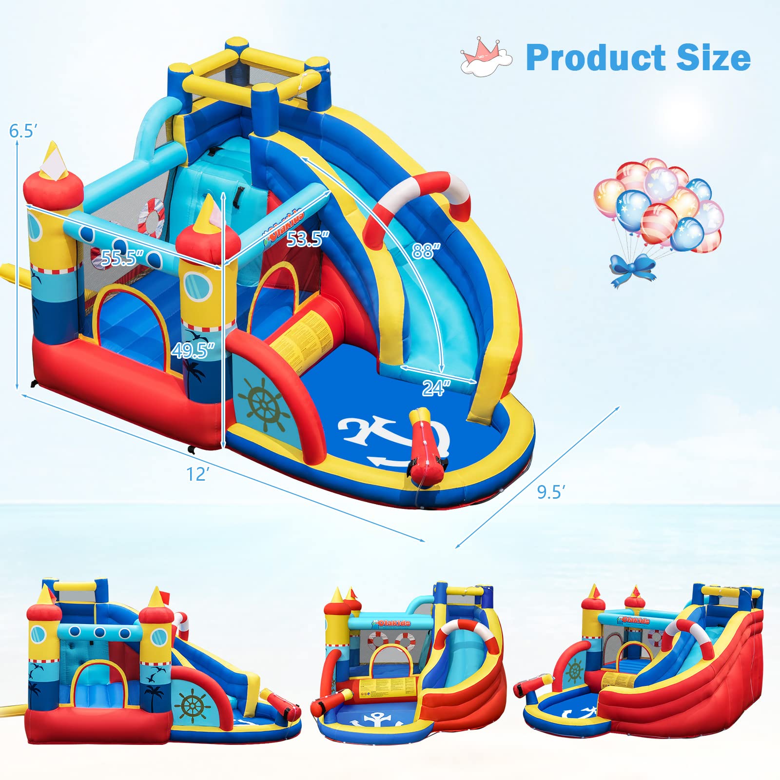 Nautical Themed Bounce House Water Park with Slide, Splash Pool, Climbing Wall, Water Gun, Outdoor Jumping Castle with Hose, Carry Bag, Repairing Kit, Stakes