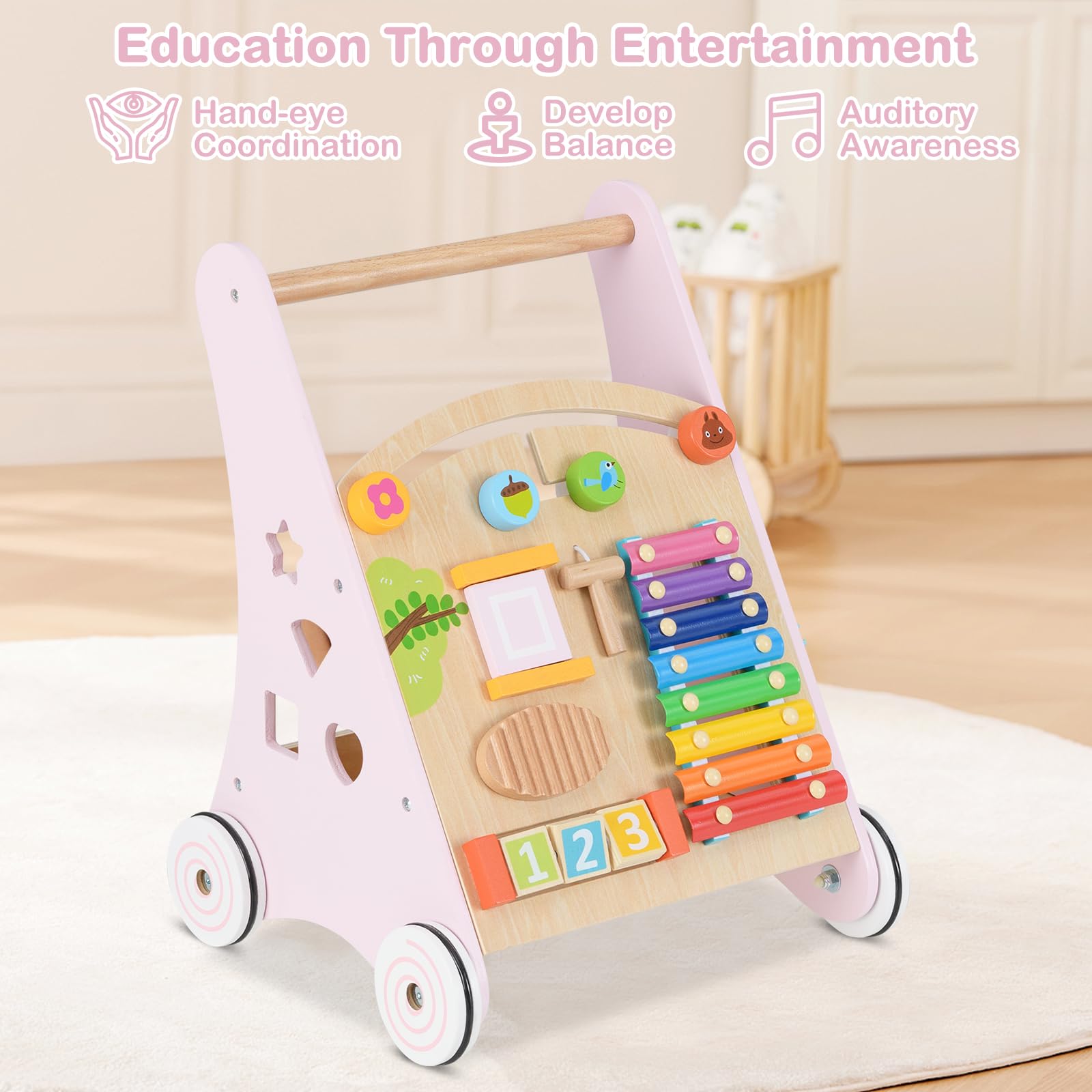 INFANS Wooden Baby Walker, Montessori Walker with Multiple Activity Toys