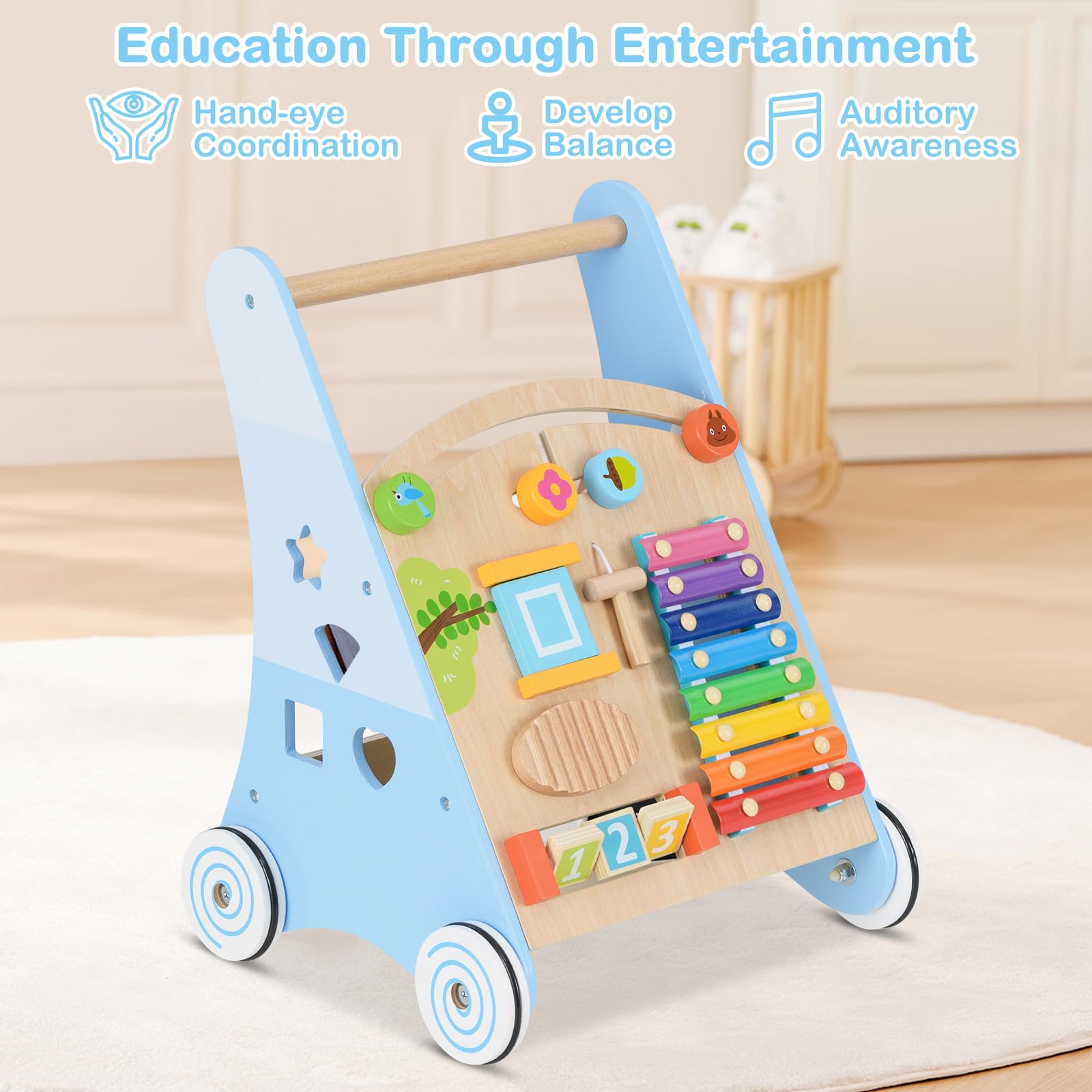INFANS Wooden Baby Walker, Montessori Walker with Multiple Activity Toys