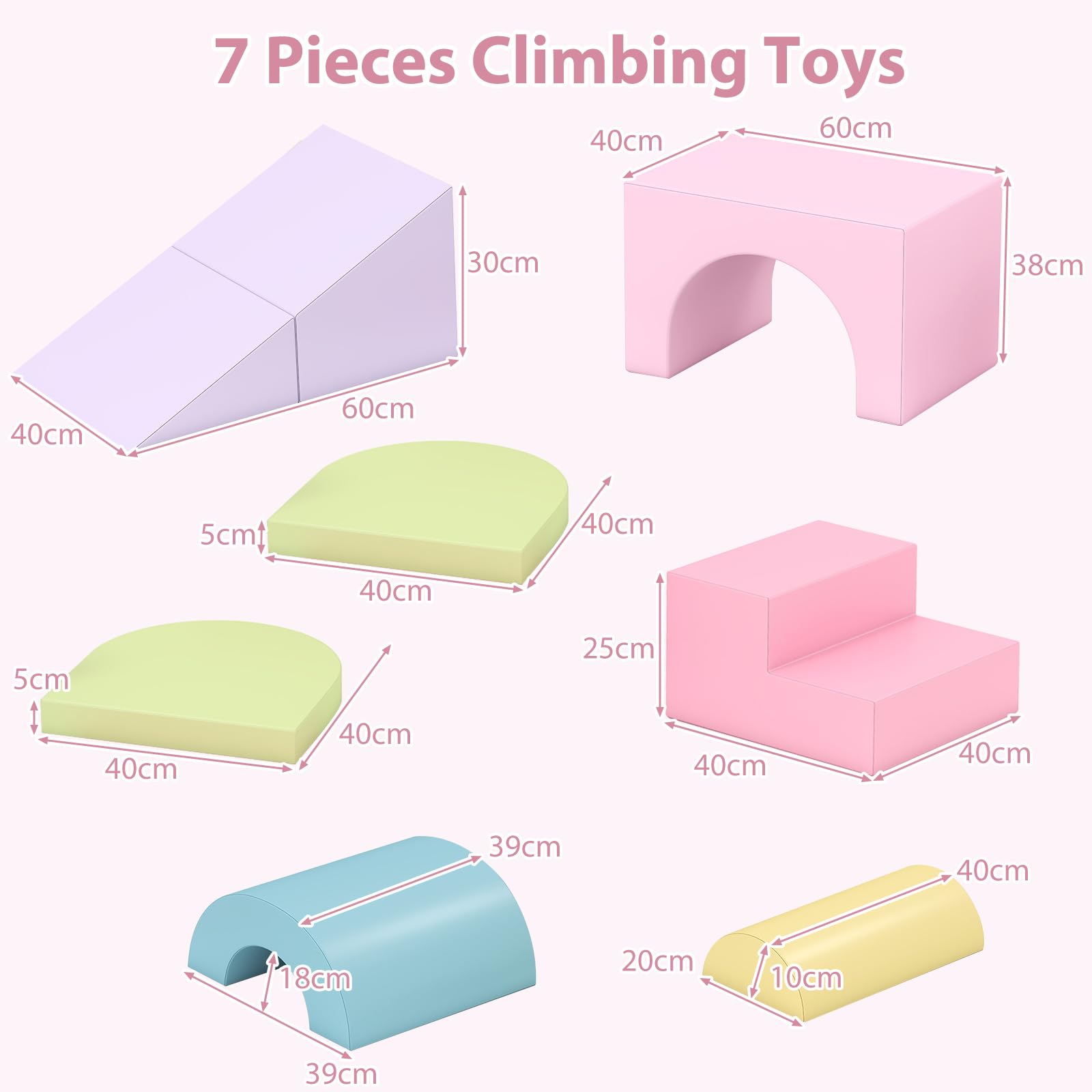 OLAKIDS Toddler Climbing Toys Indoor, 7 Pieces Baby Foam Blocks Soft Play Set with PU Leather
