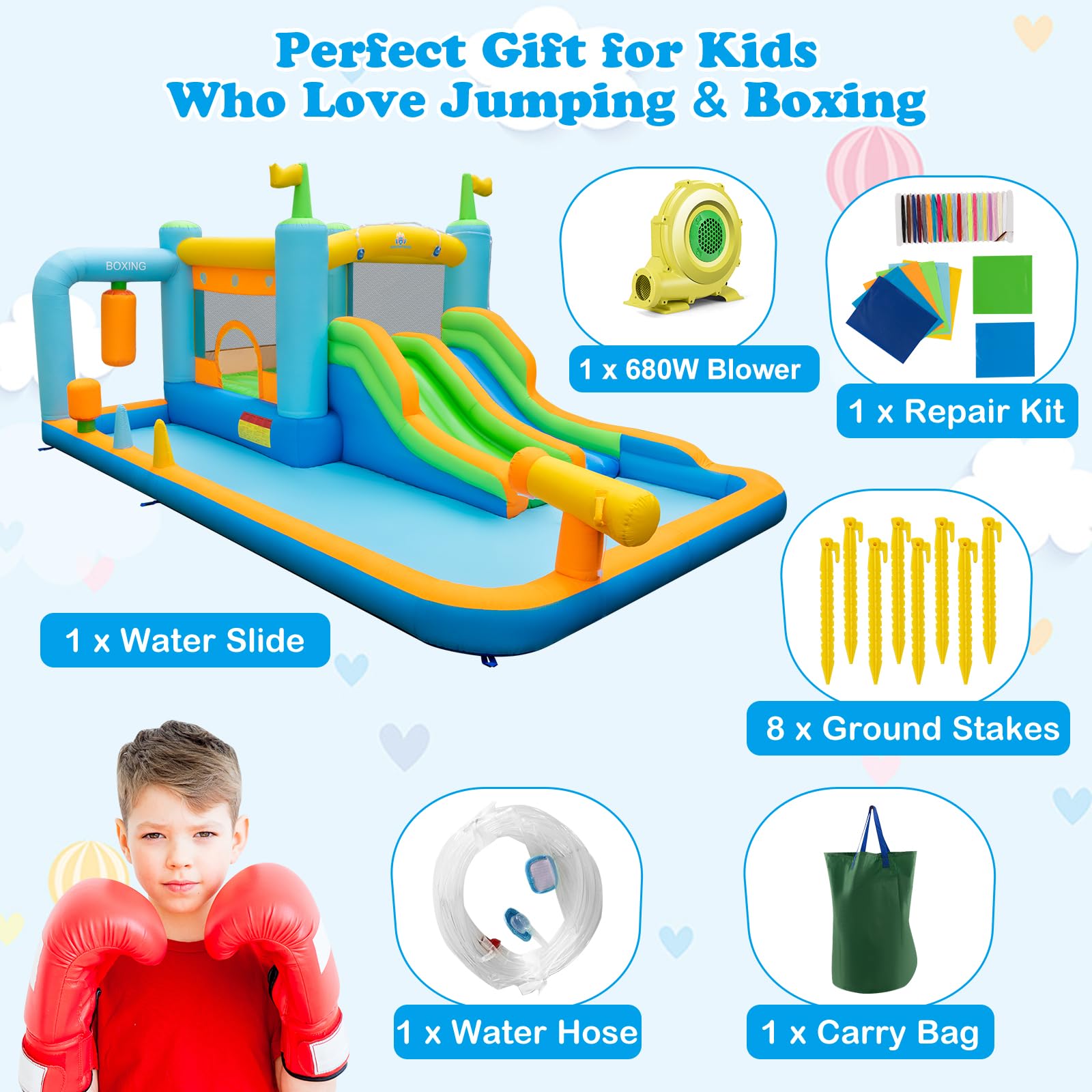 Inflatable Water Slide, Kids Jumping Castle Bounce House w/Dual Slides, Boxing Sandbag, Splash Pool