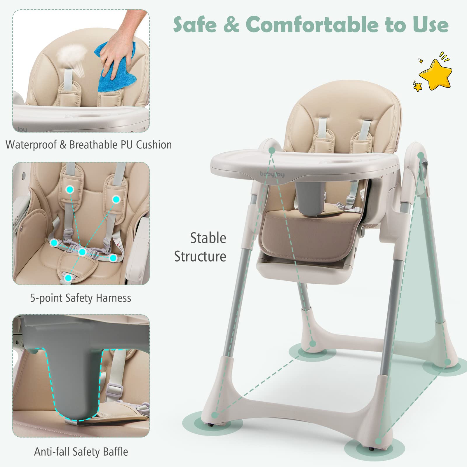 3-In-1 Baby High Chair, Kids Dining Highchair with Reclining Seat