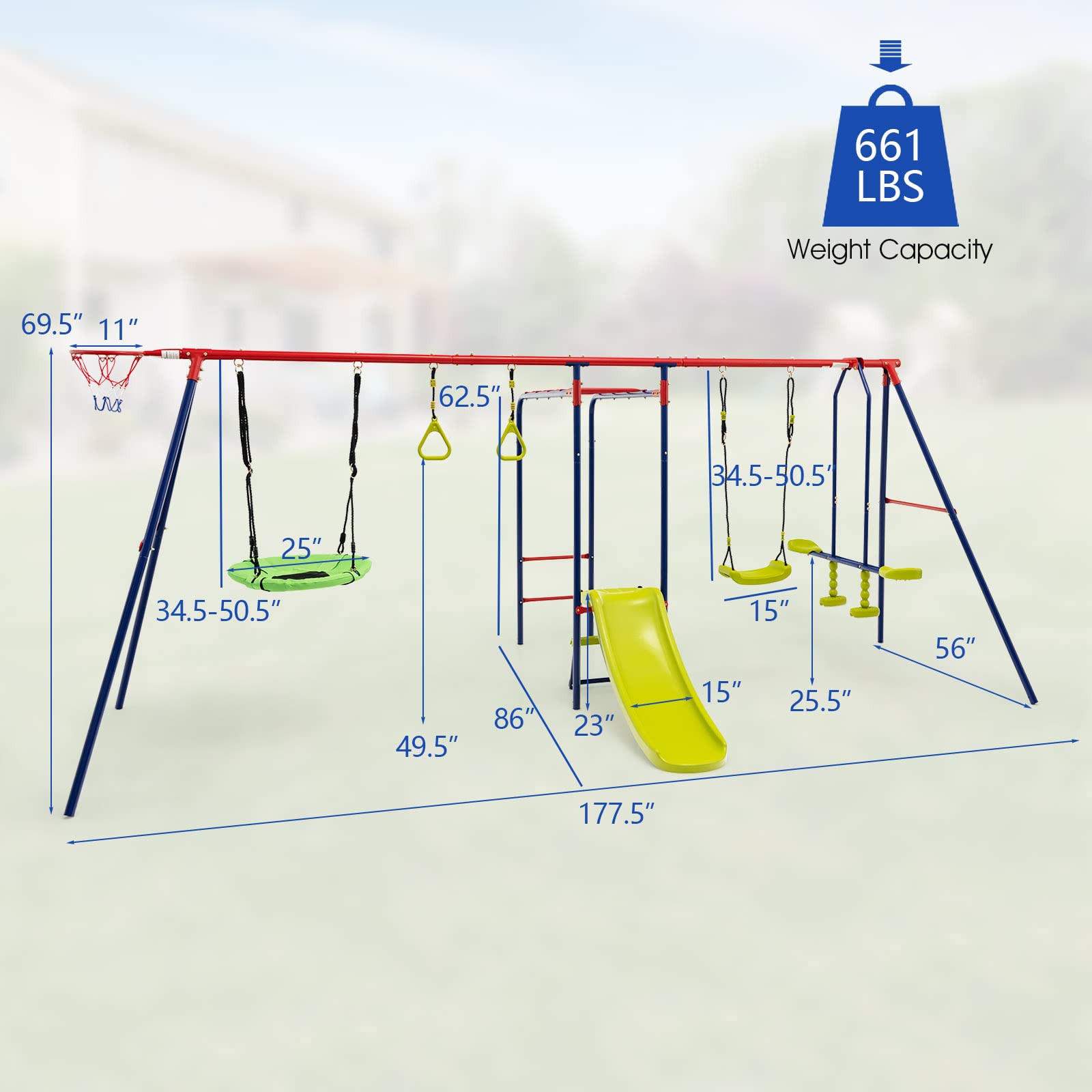 OLAKIDS 660lbs Swing Set, Outdoor A-Frame Heavy Duty Metal Swing Stand with Monkey Bar for Kids