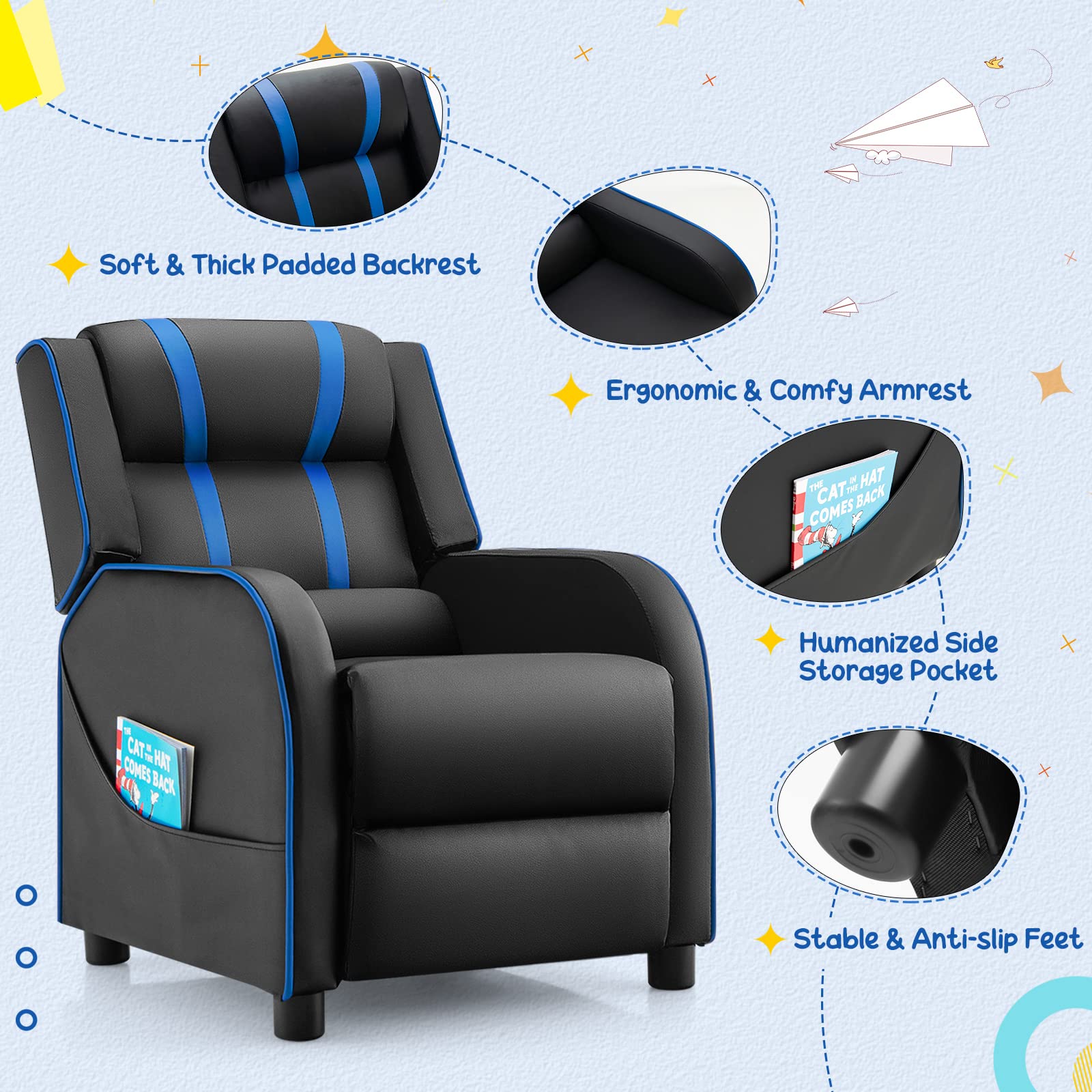 Kids Recliner Sofa Couch with Adjustable Backrest Footrest and High Density Sponge