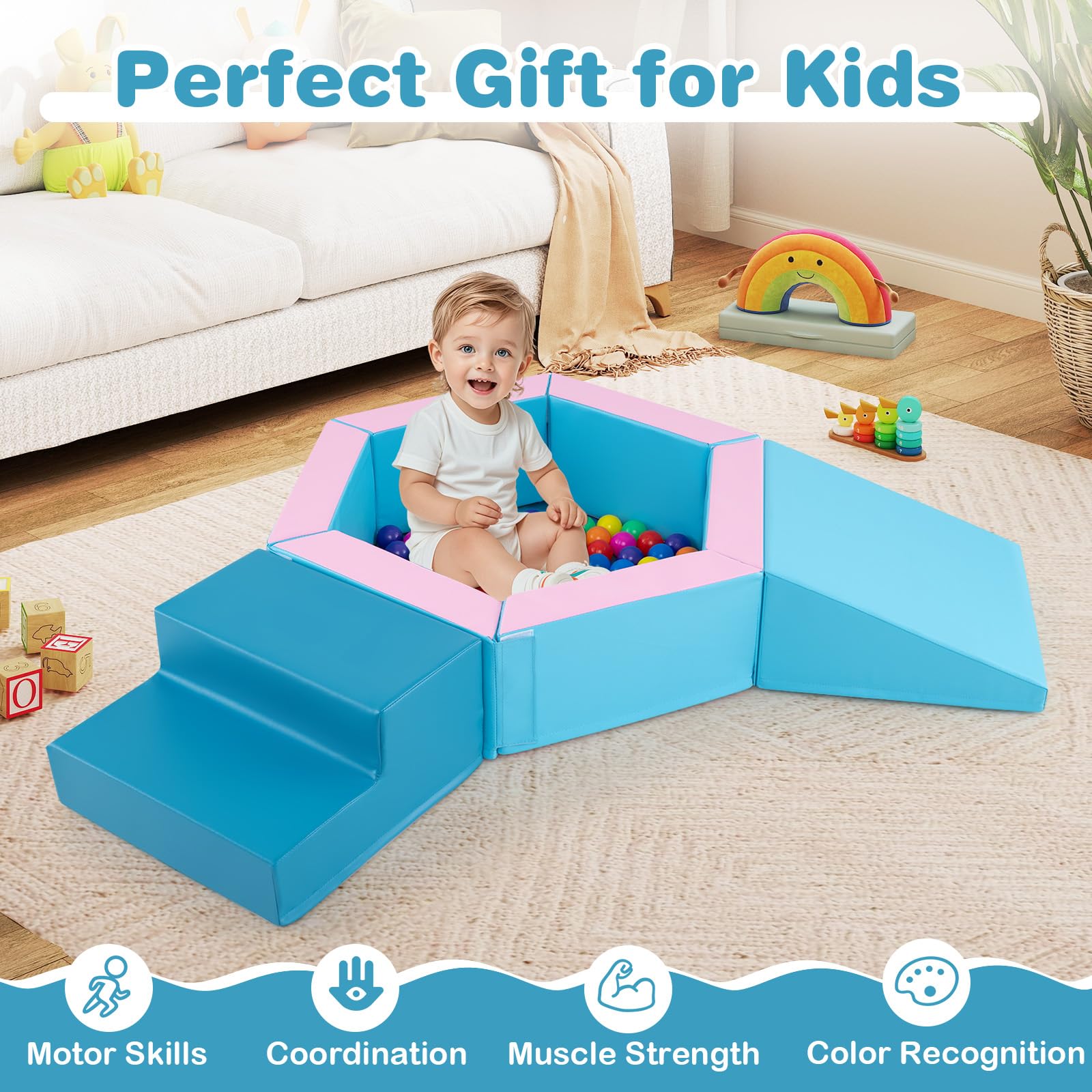 3-Piece Baby Foam Climbing Blocks with Ball Pit and 100 Colorful Ocean Balls