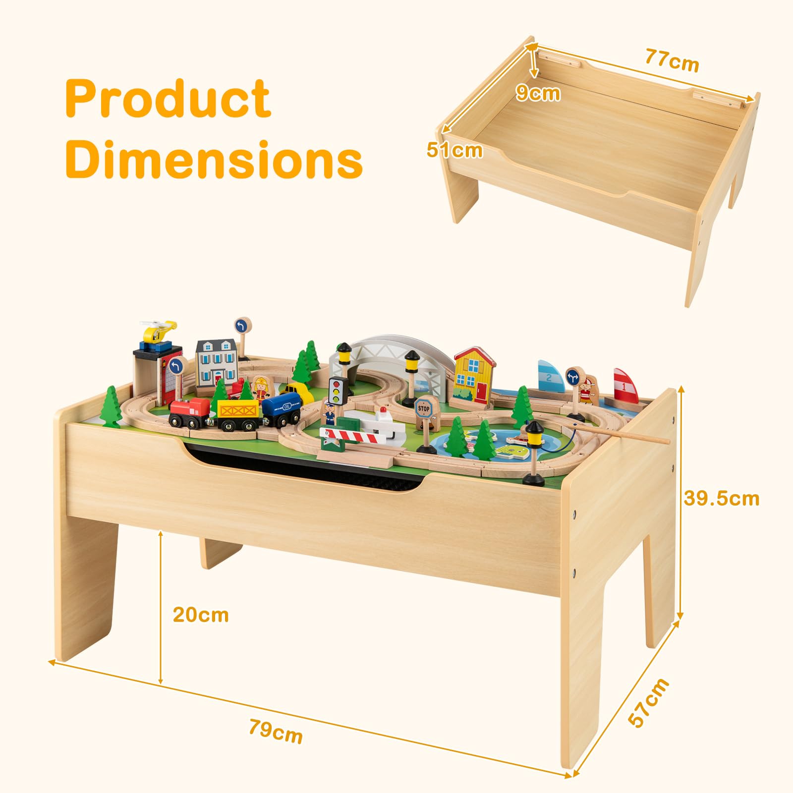 INFANS Train Table, 78 Pieces Wooden Kids Activity Toy Table Playset with Reversible Detachable Blackboard Tabletop