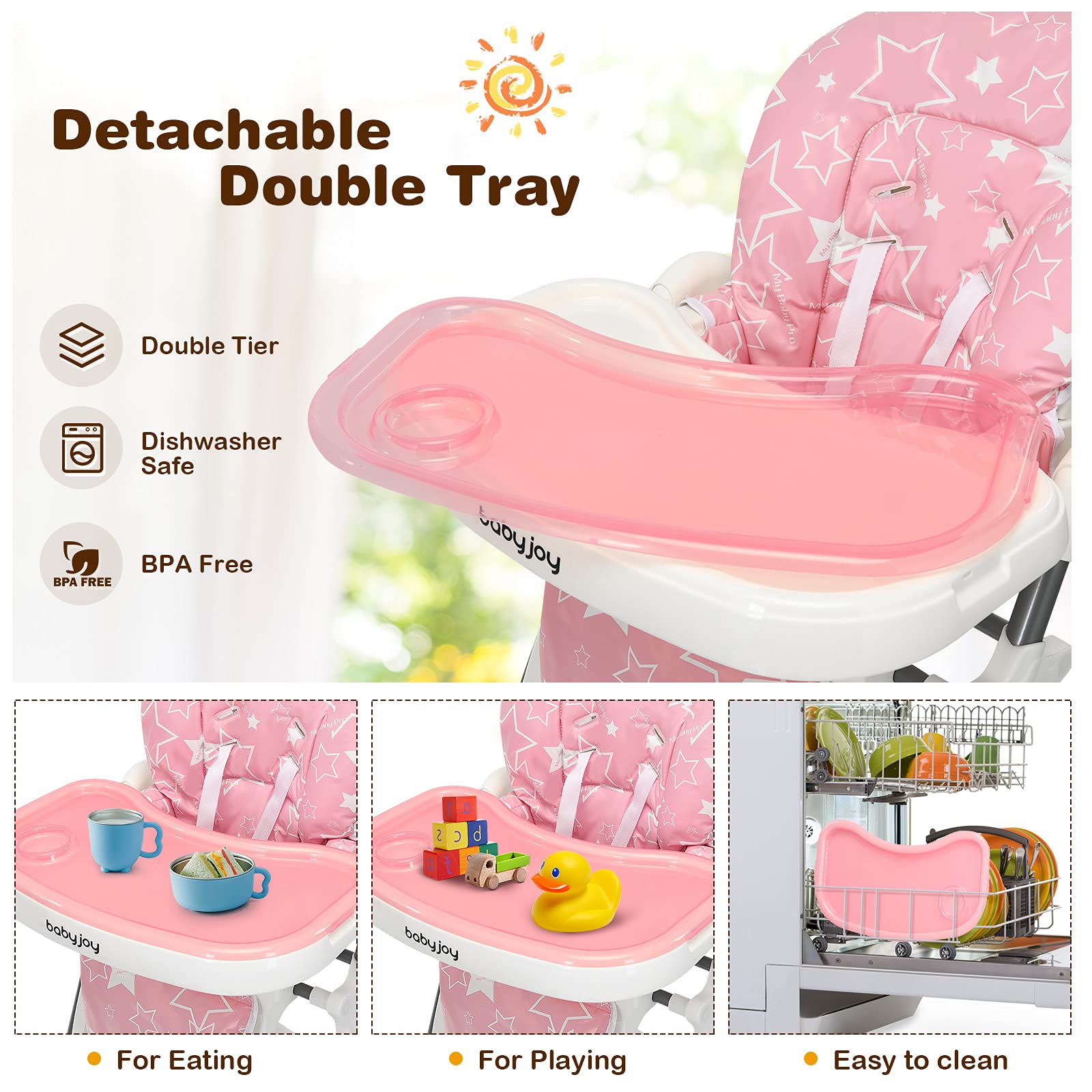 Folding Baby Highchair Eating Feeding Table Booster Seat with 6-Level Height Adjustment