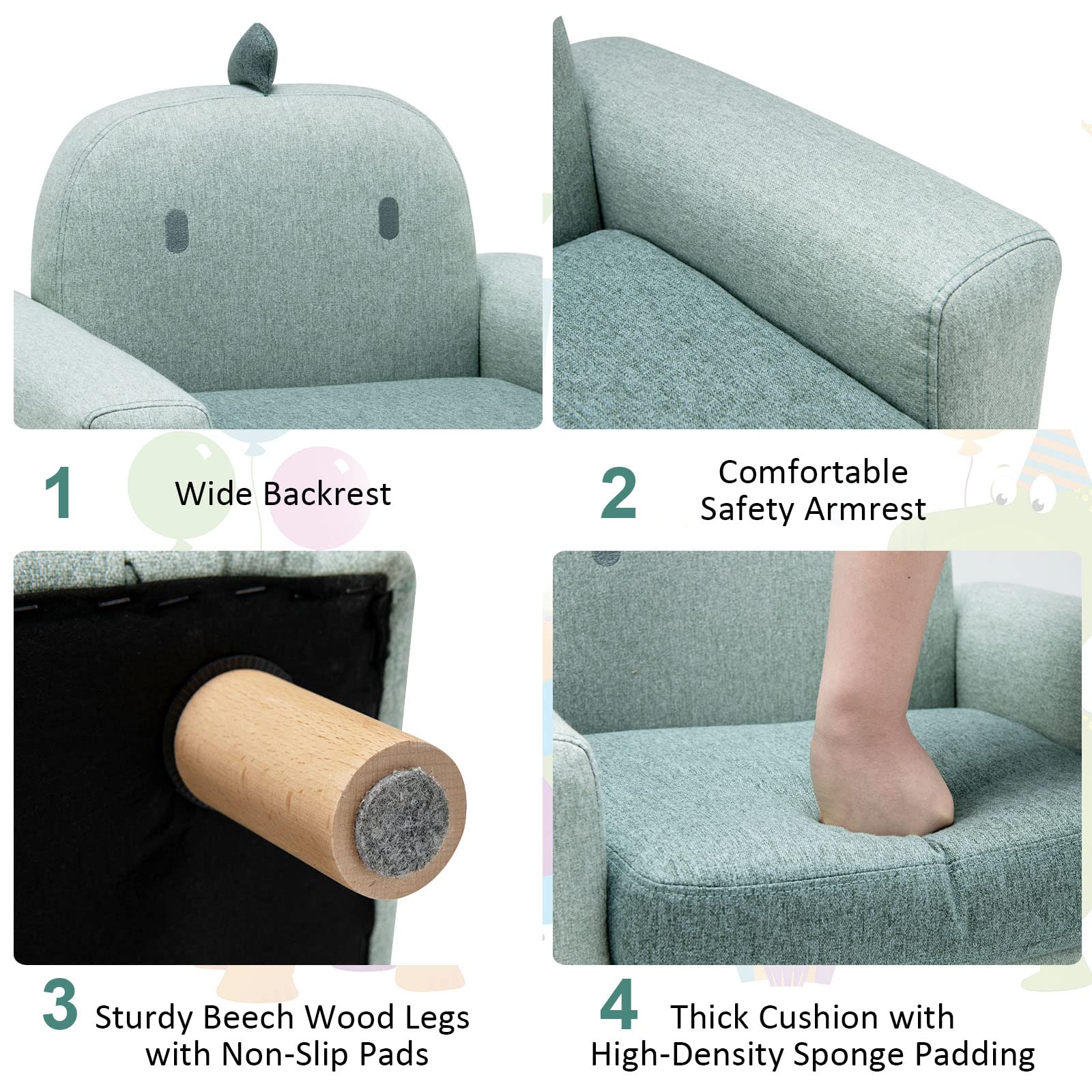 Kids Sofa Wooden Armrest Chair Couch with Thick Cushion Beech Legs