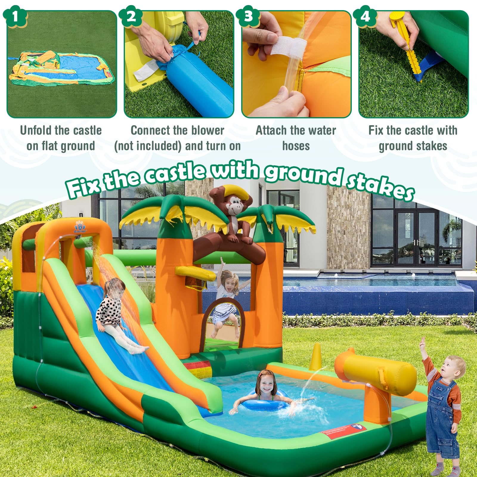 Inflatable Water Slide, 7-in-1 Bounce House Water Park w/Splash Pool