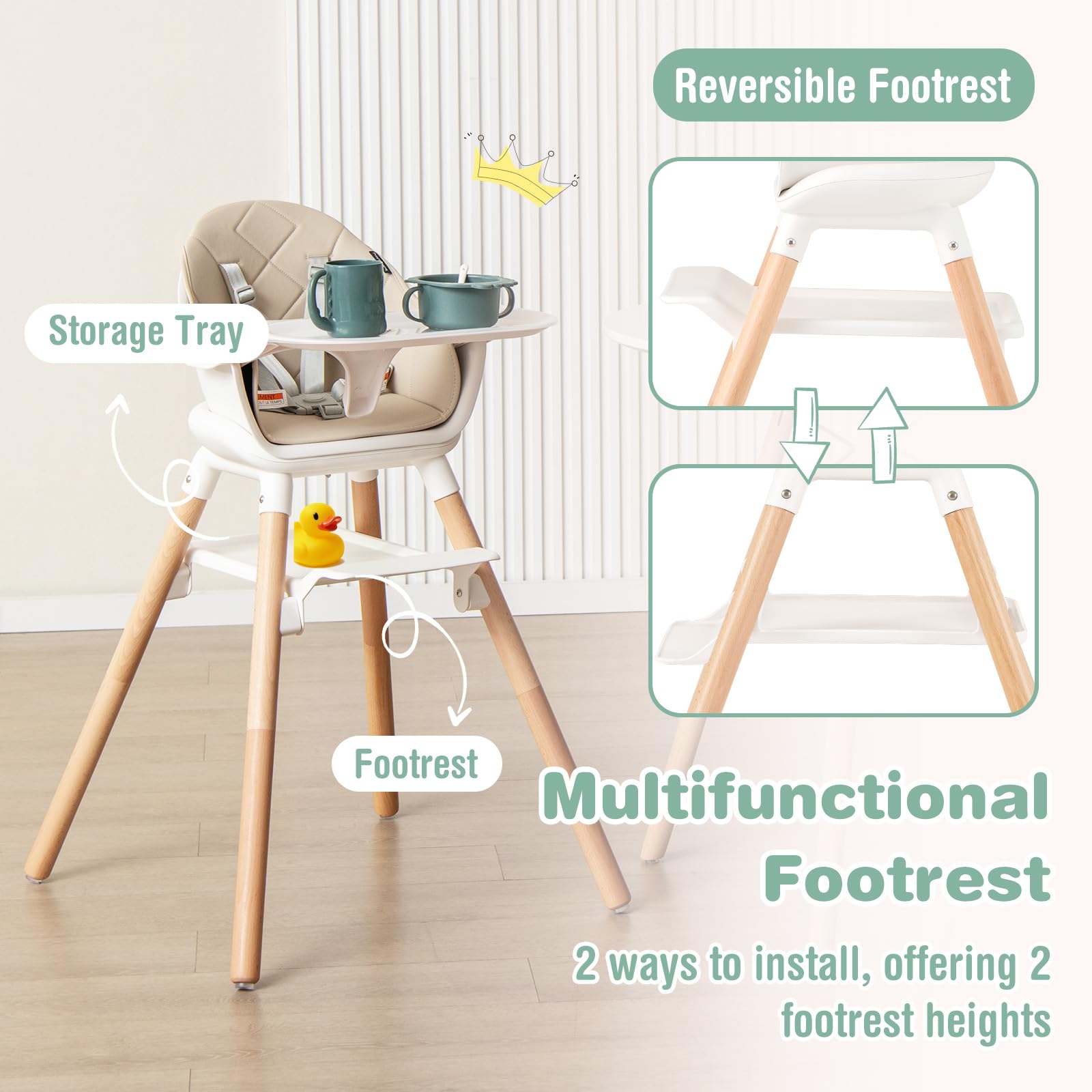 6-in-1 Convertible Wooden High Chair Baby High Chair with Double Dishwasher Safe Trays