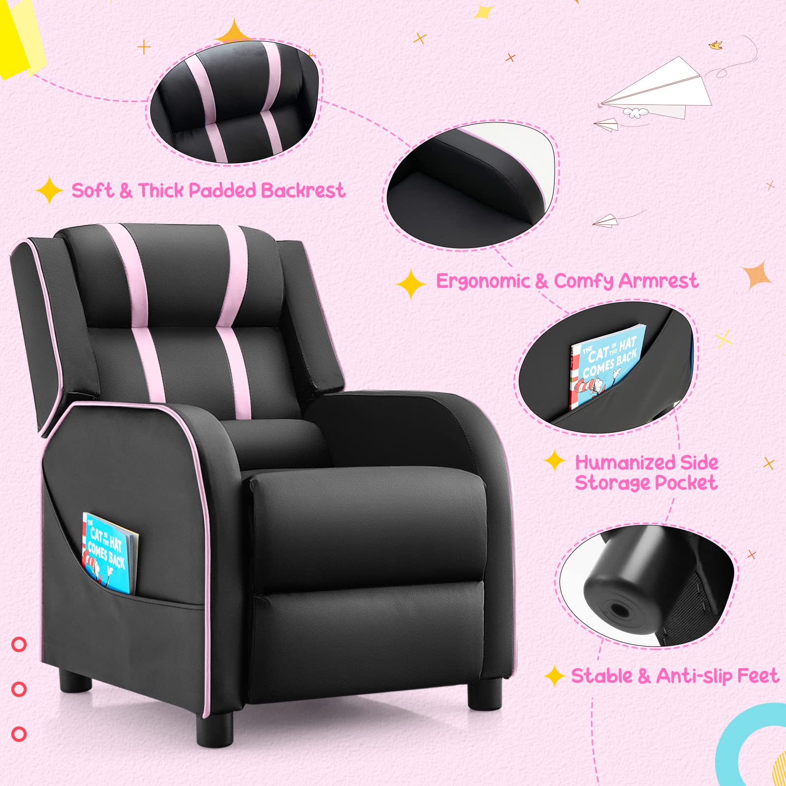 Kids Recliner Sofa Couch with Adjustable Backrest Footrest and High Density Sponge