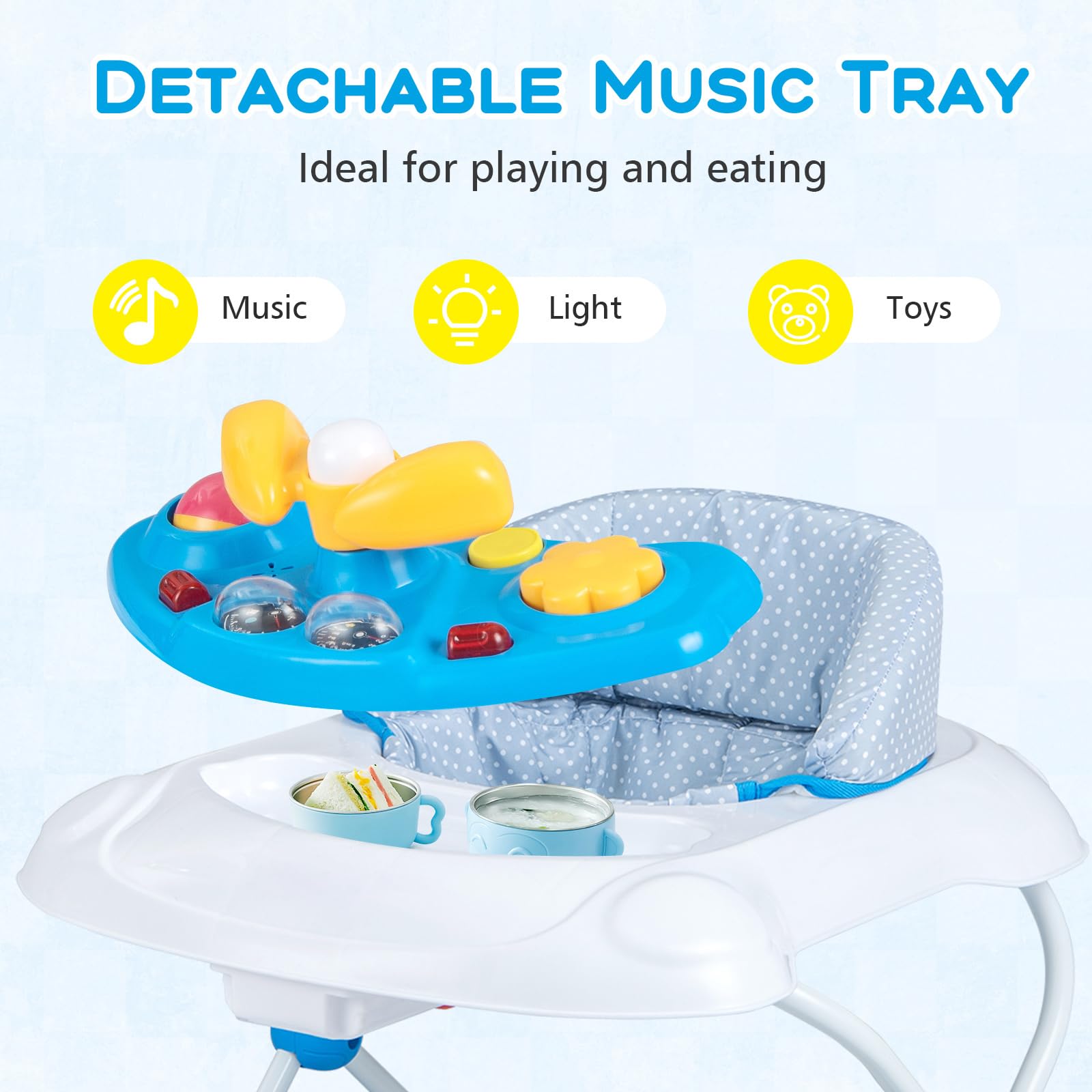 Foldable Baby Walker with 3 Adjustable Heights Comfy Padded Seat Lights and Music Tray