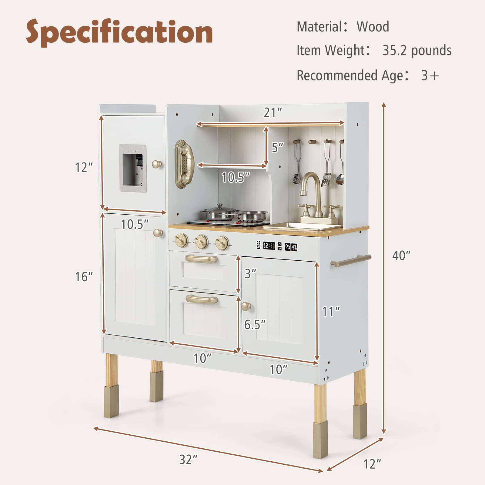 INFANS Kid Kitchen Playset Toddler Wooden Pretend Cooking Set with Realistic Light & Sound