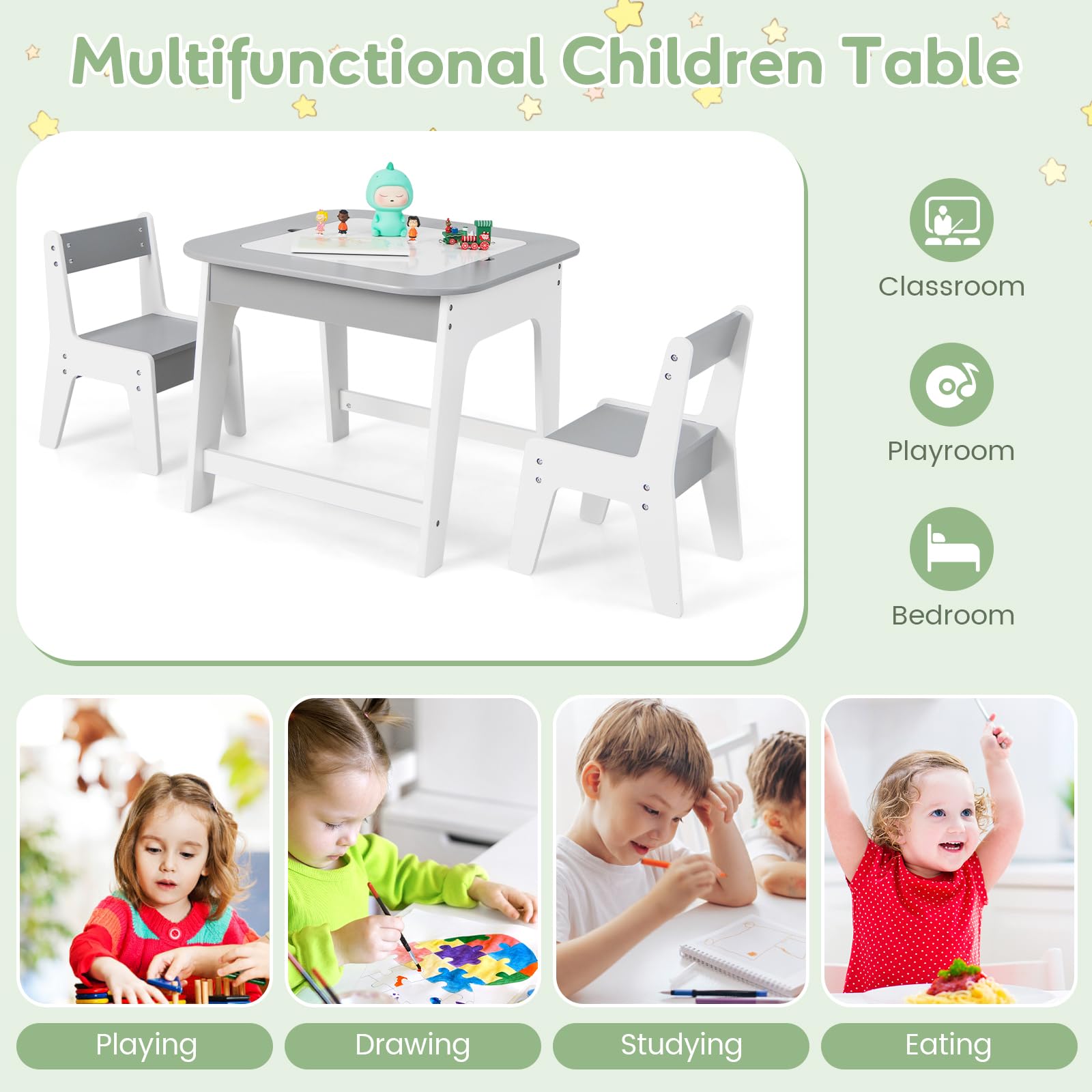 INFANS Kids Table and Chair Set, 3 in 1 Wooden Activity Table with Removable Blackboard and Whiteboard