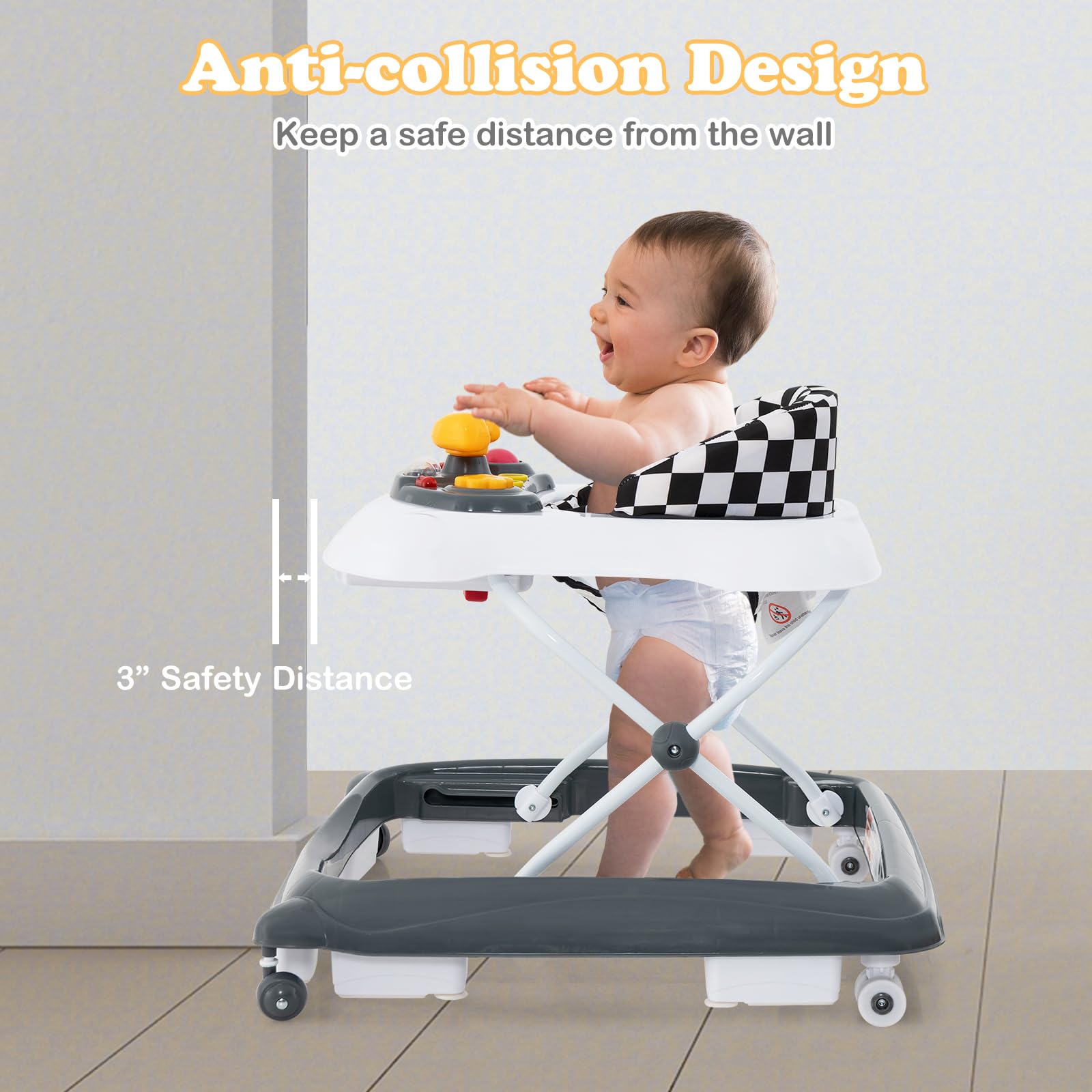 INFANS Foldable Baby Walker 3 in 1 Toddler Walker Leaning-Seated Walk-Behind with Removable Music Tray