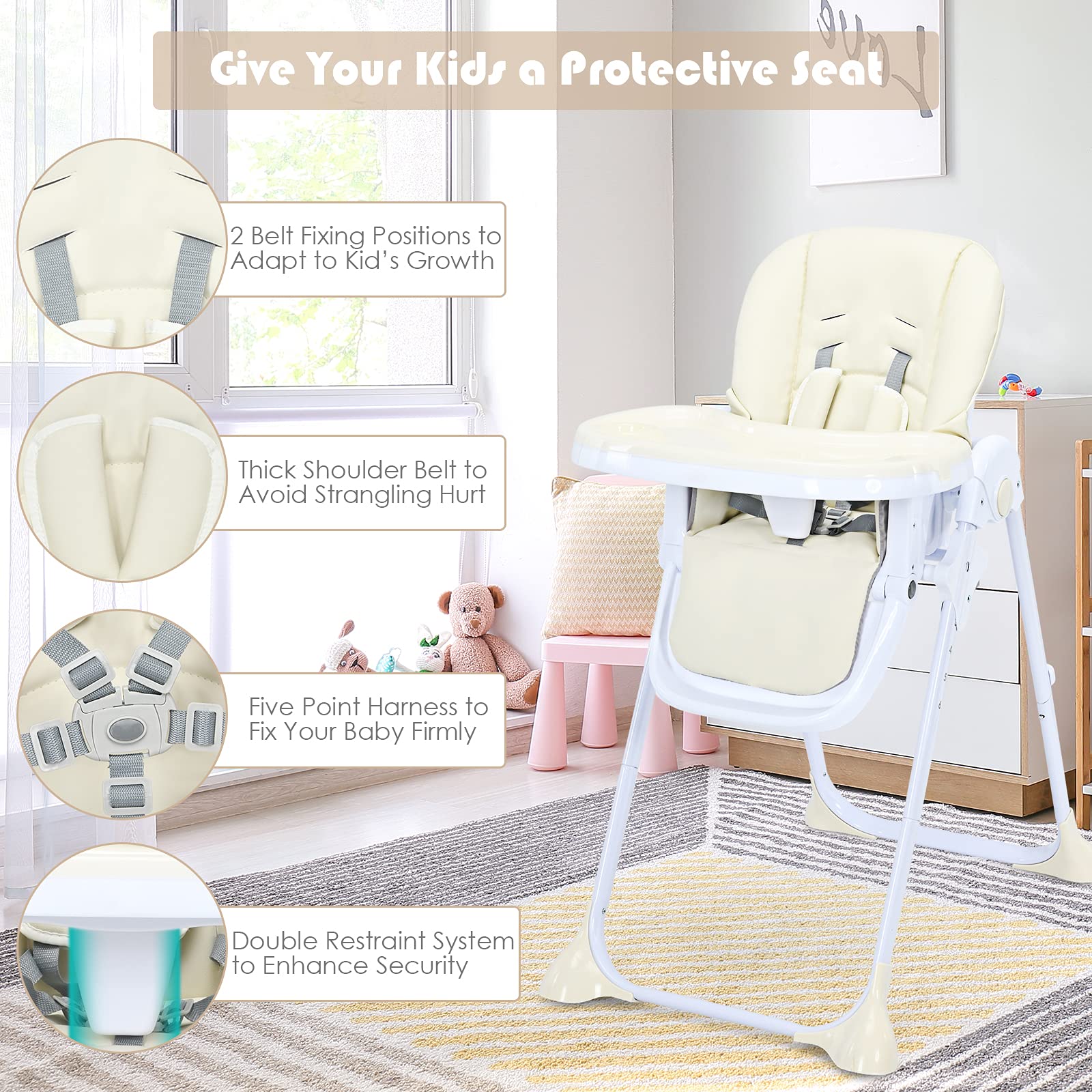 Baby High Chair Folding Highchair for Toddlers w/Adjustable Height