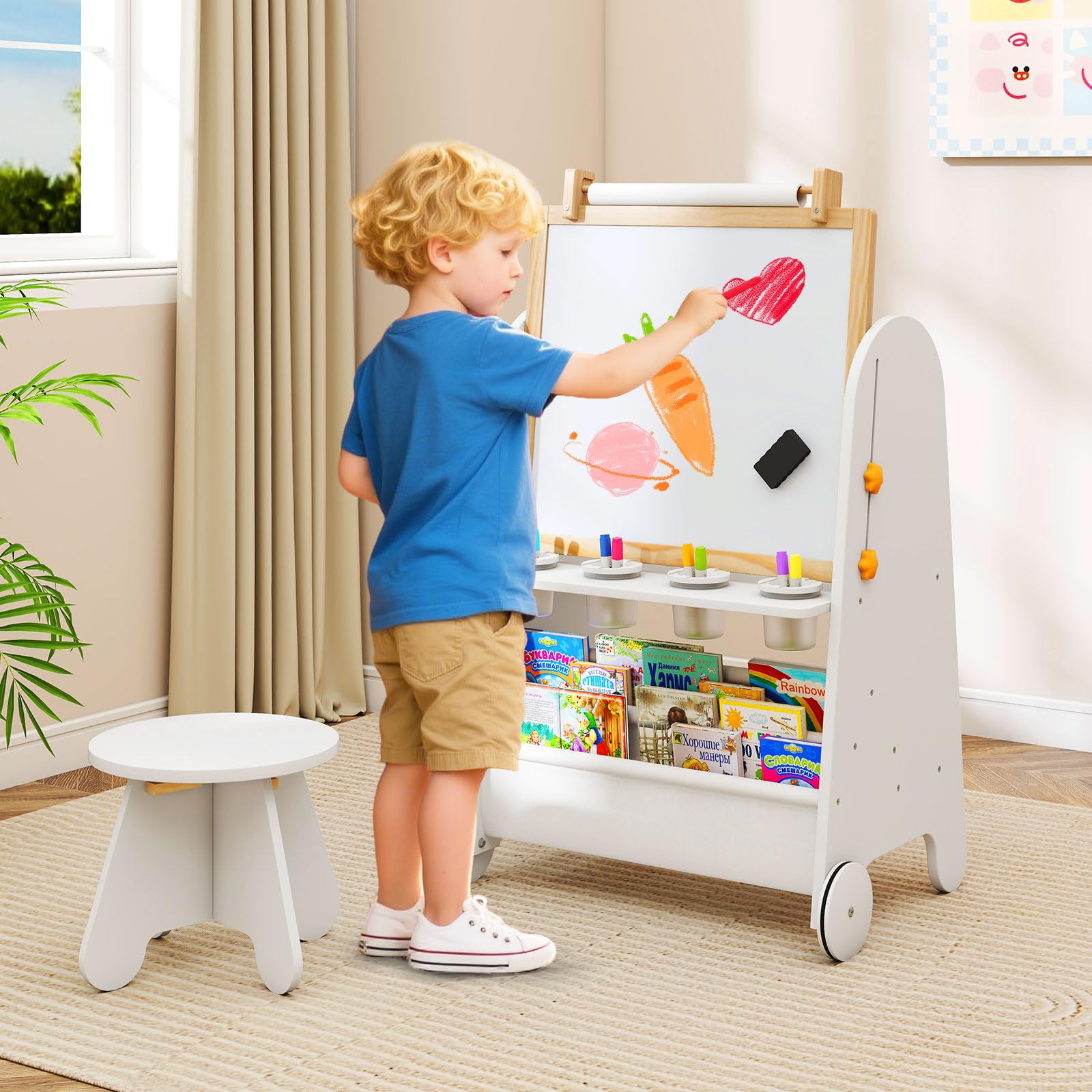 INFANS Easel for Kids with Stool, 4-in-1 Double-Sided Adjustable Magnetic Chalkboard with Paper Roll