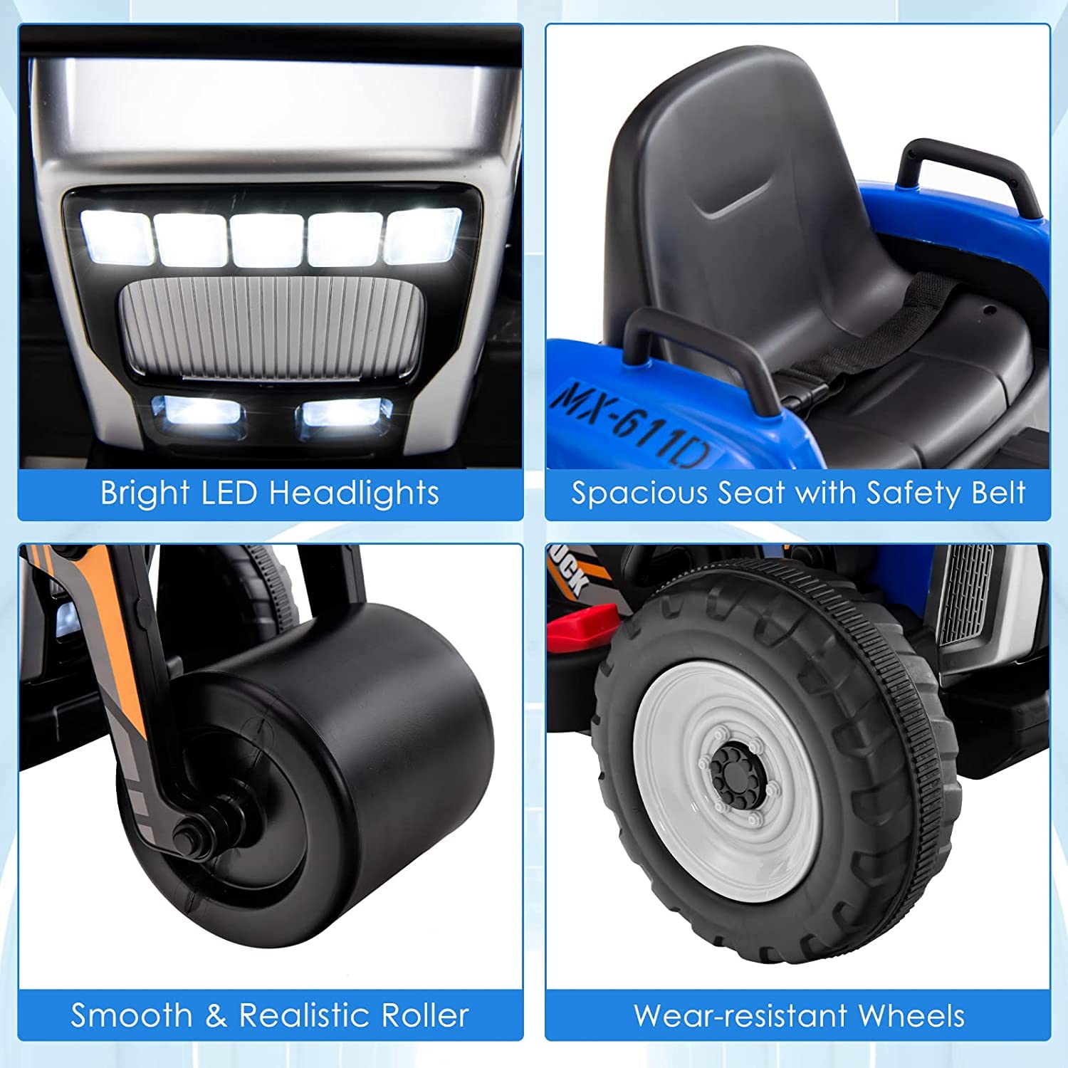 Ride on Car, 12V Road Roller with Remote Control, Battery Powered Electric Tractor w/Adjustable Drum Roller