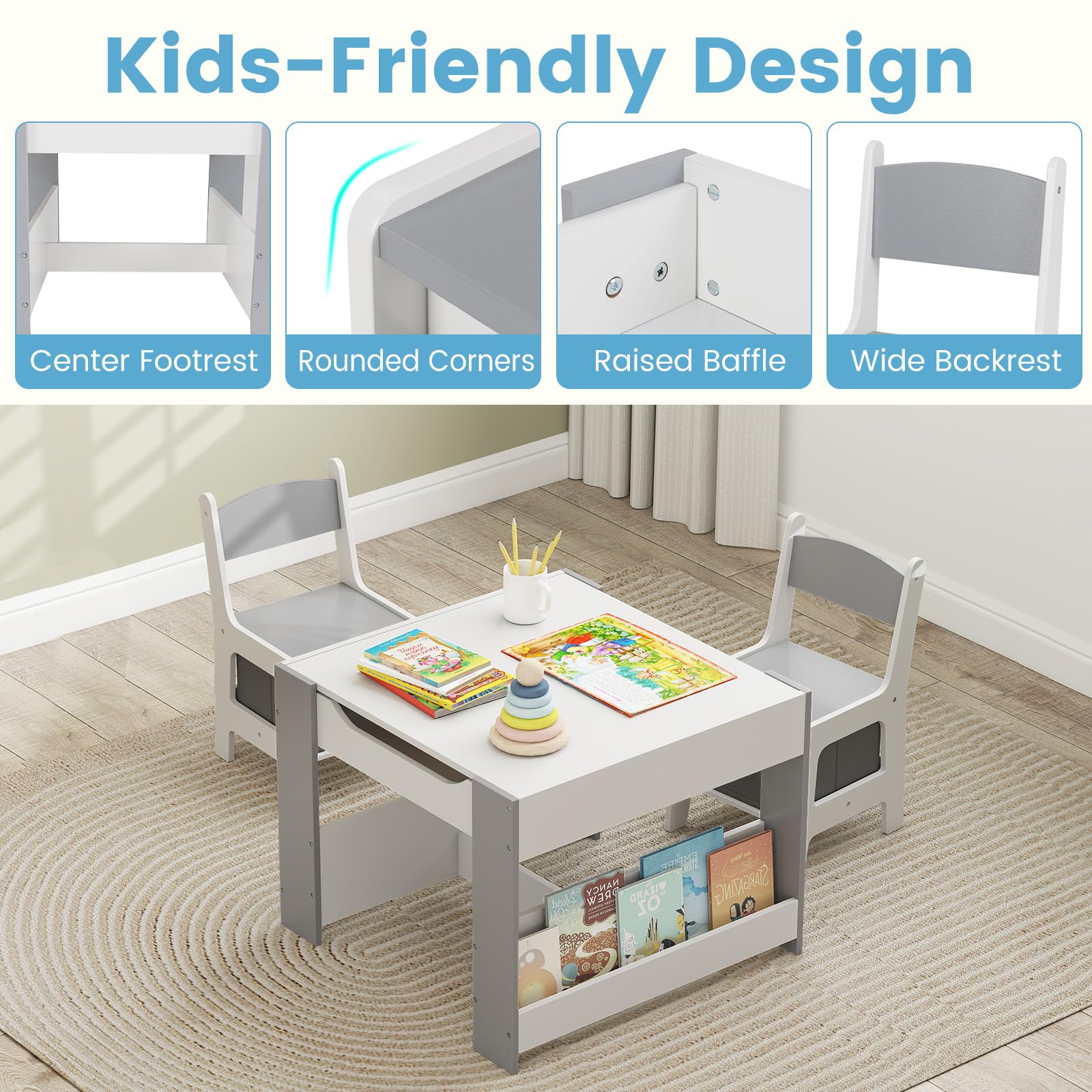 Kids Table and Chair Set, 4 in 1 Building Block Wooden Activity Desk with Reversible Tabletop Storage Drawers