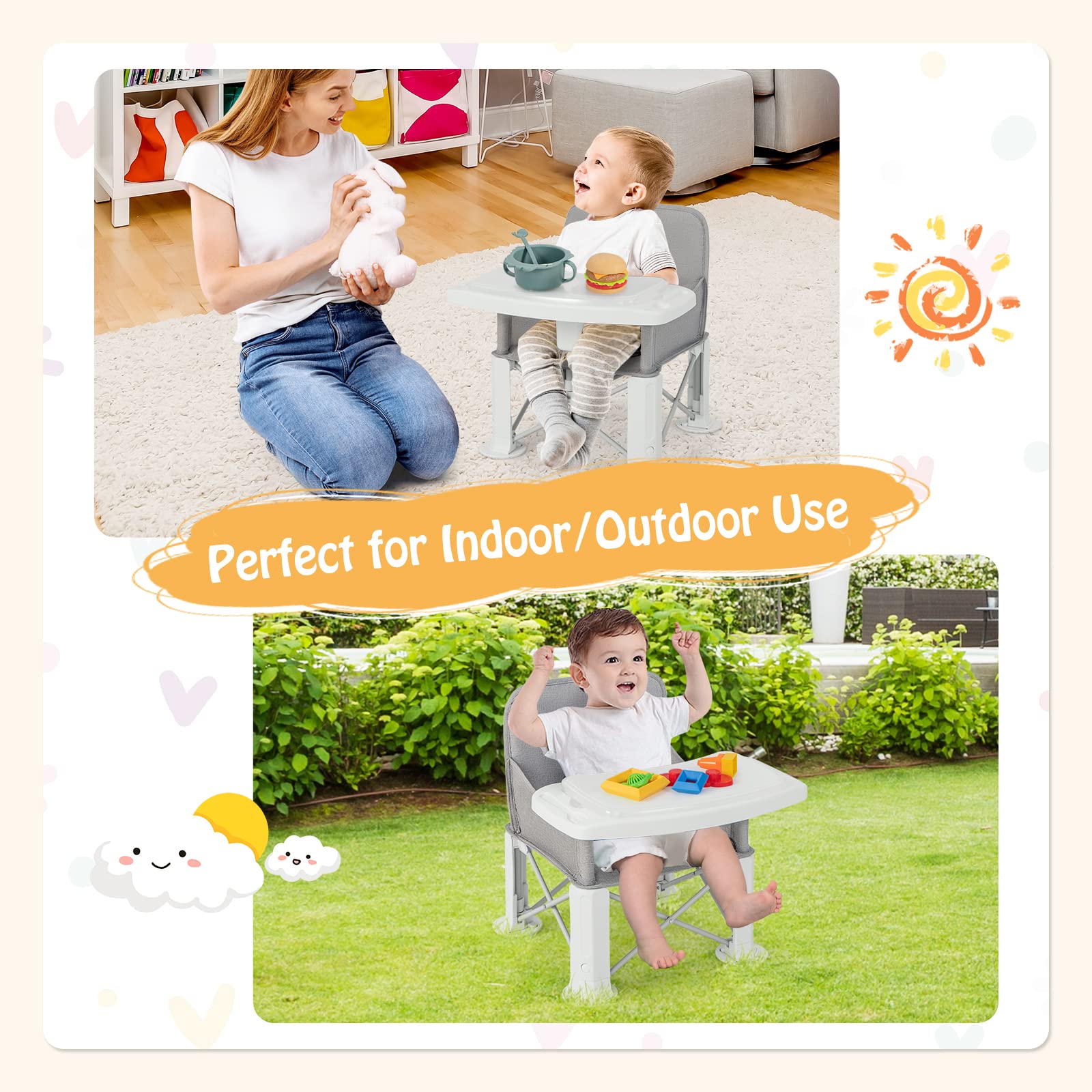 Baby Travel Booster Seat Portable Folding Toddler Floor Dining Chair w/Removable Swivel Double Tray