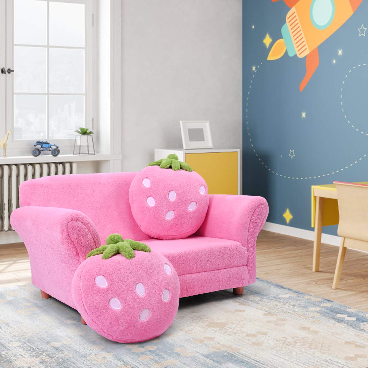 Children Couch Armrest Chair Double Seats with Strawberry Pillows