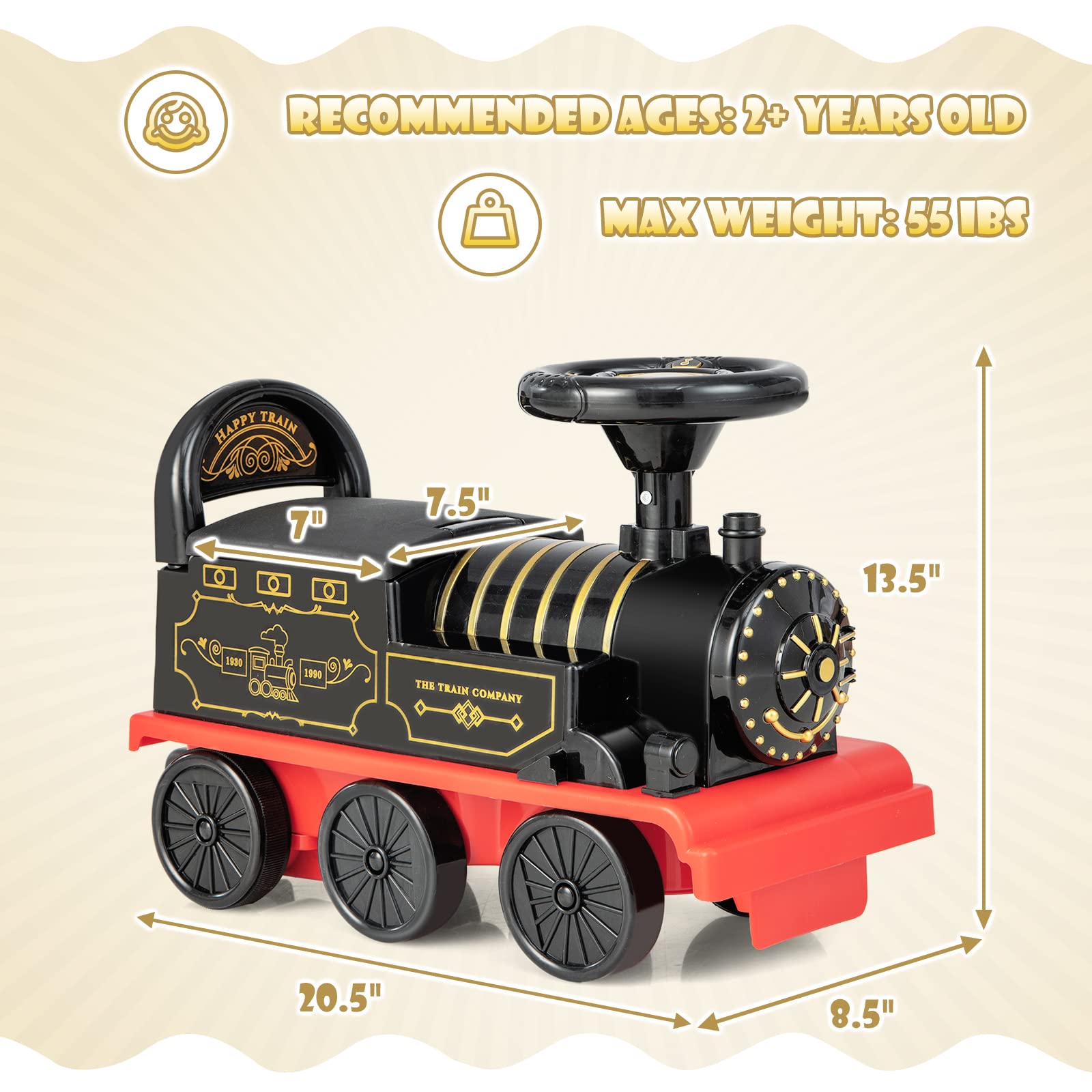 OLAKIDS Kids Ride On Train with Track 6V Electric Toy with Lights and Sounds