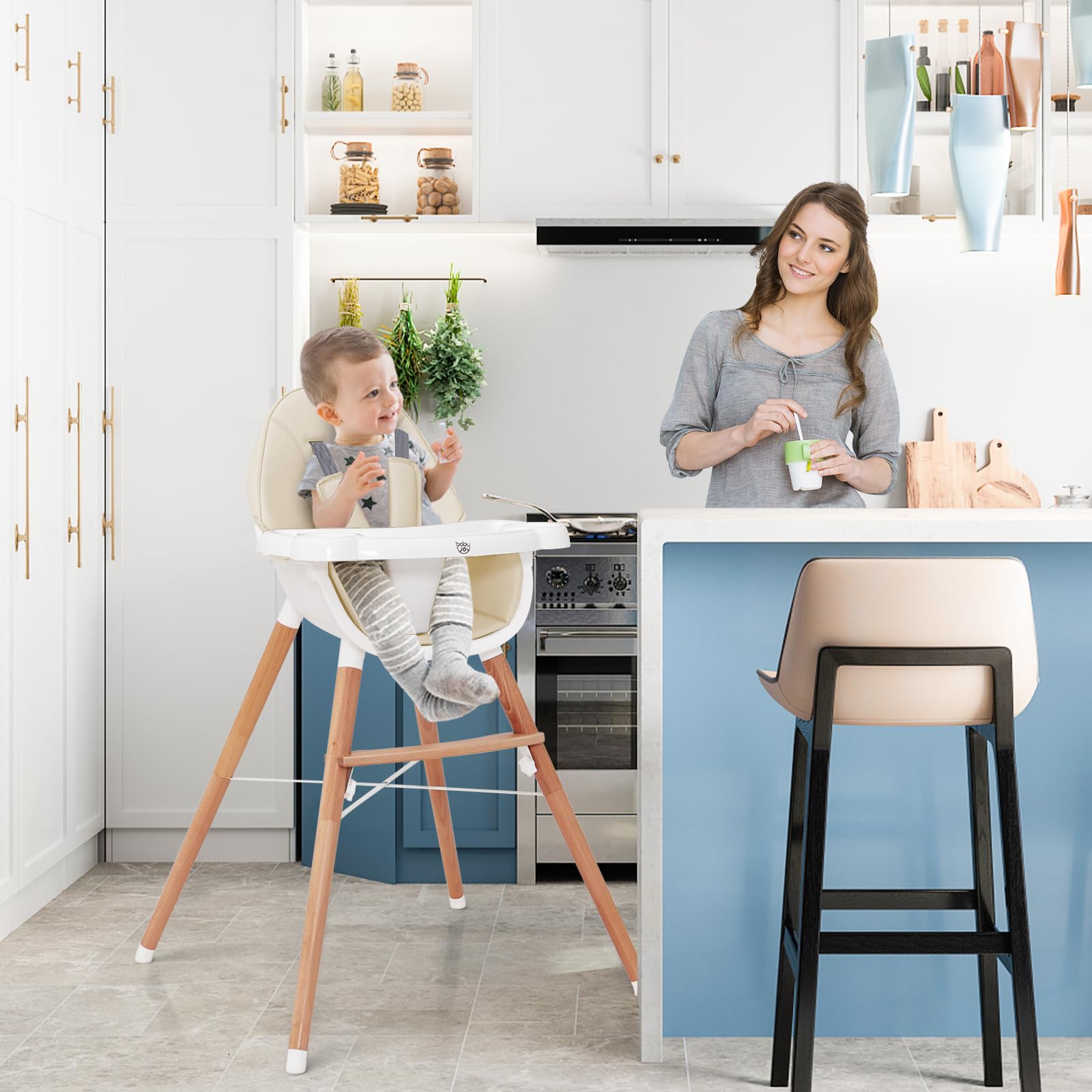 Baby High Chair Wooden Highchair for Babies Infants with/Double 4-Gear Tray