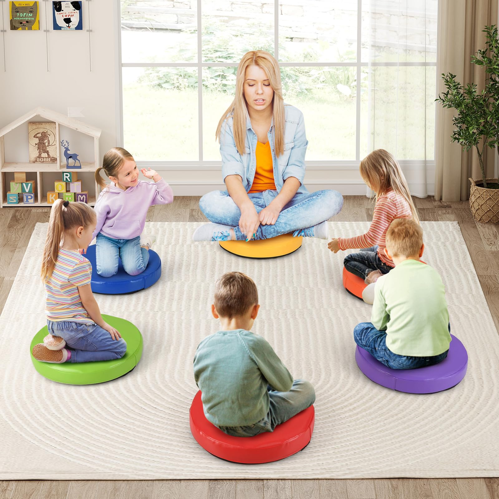 6 PCS Round Floor Cushions for Kids 35cm Classroom Floor Cushions with Handles