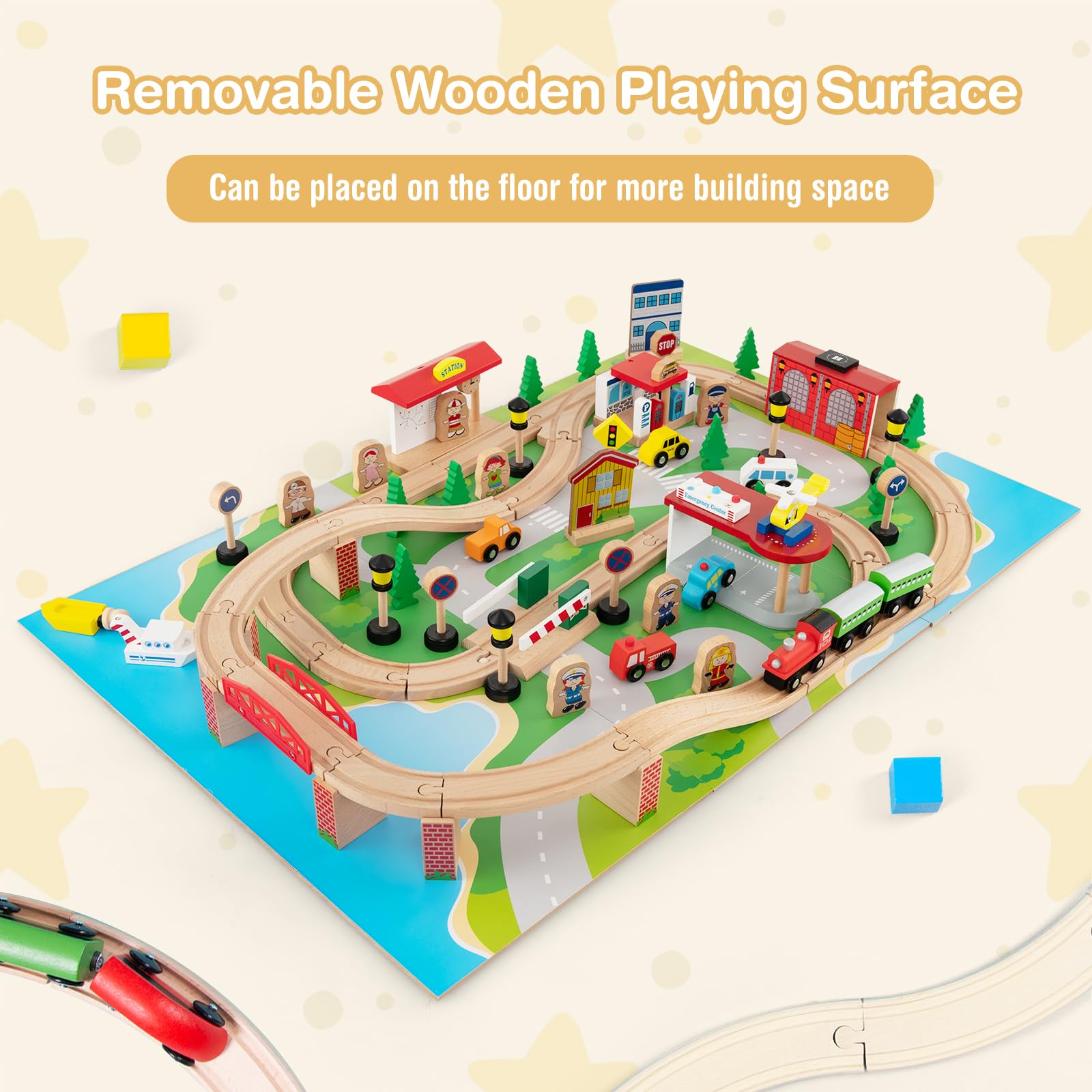 Train Table, 84 Pieces Wooden Kids Activity Toy Table Playset with Reversible Detachable Tabletop