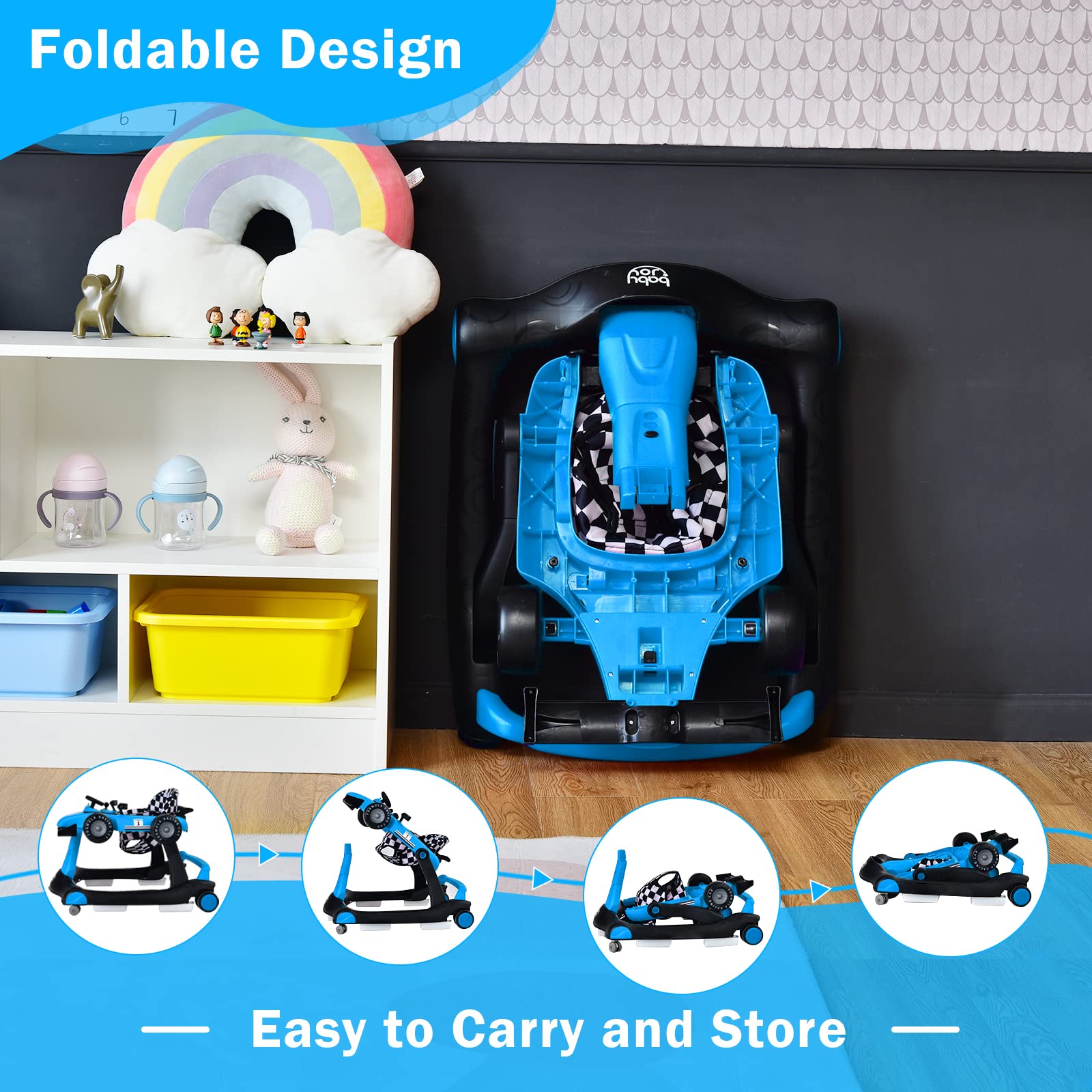 4-in-1 Foldable Activity Car Walker with Adjustable Height and Speed